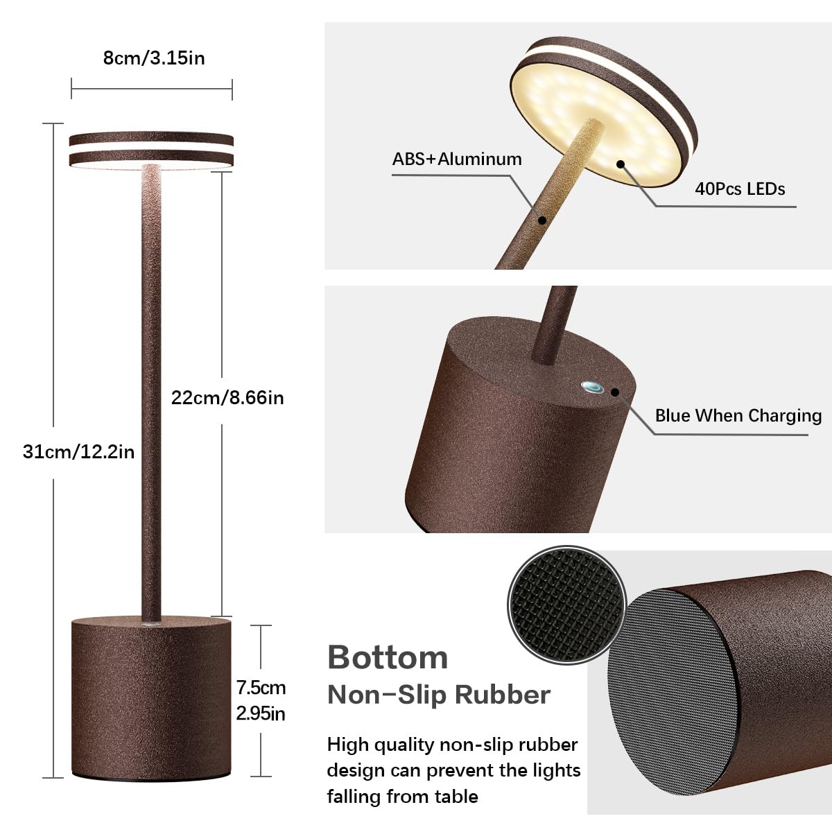 LED Batterie Tischlampen, Wireless, 5000 mAh Modern dimmbar Tischlampe, Aluminium, 3 Farbtemperaturen, Tischlampen Wiederaufladbar für Innen-, Aussen-, Nachttisch, Esstisch, Bar