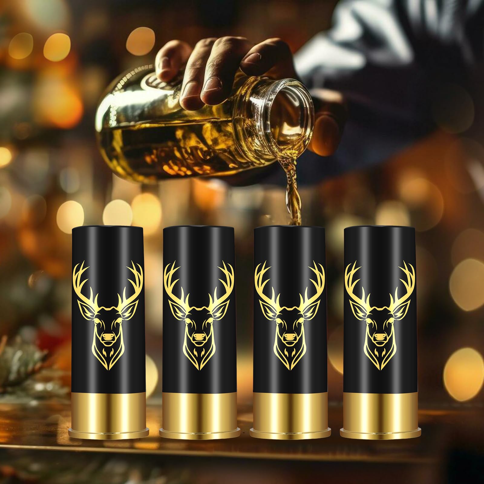 Schnapsgläser mit Hirschkopf, Grosspackung mit Geschenkbox, für Männer und Frauen, Hochzeitsfeier, Vatertag, Geschenke für Jäger, 12 GA Hirschjagd, Kleine Schnapsbecher, 45 ml, Plastik, Schwarz