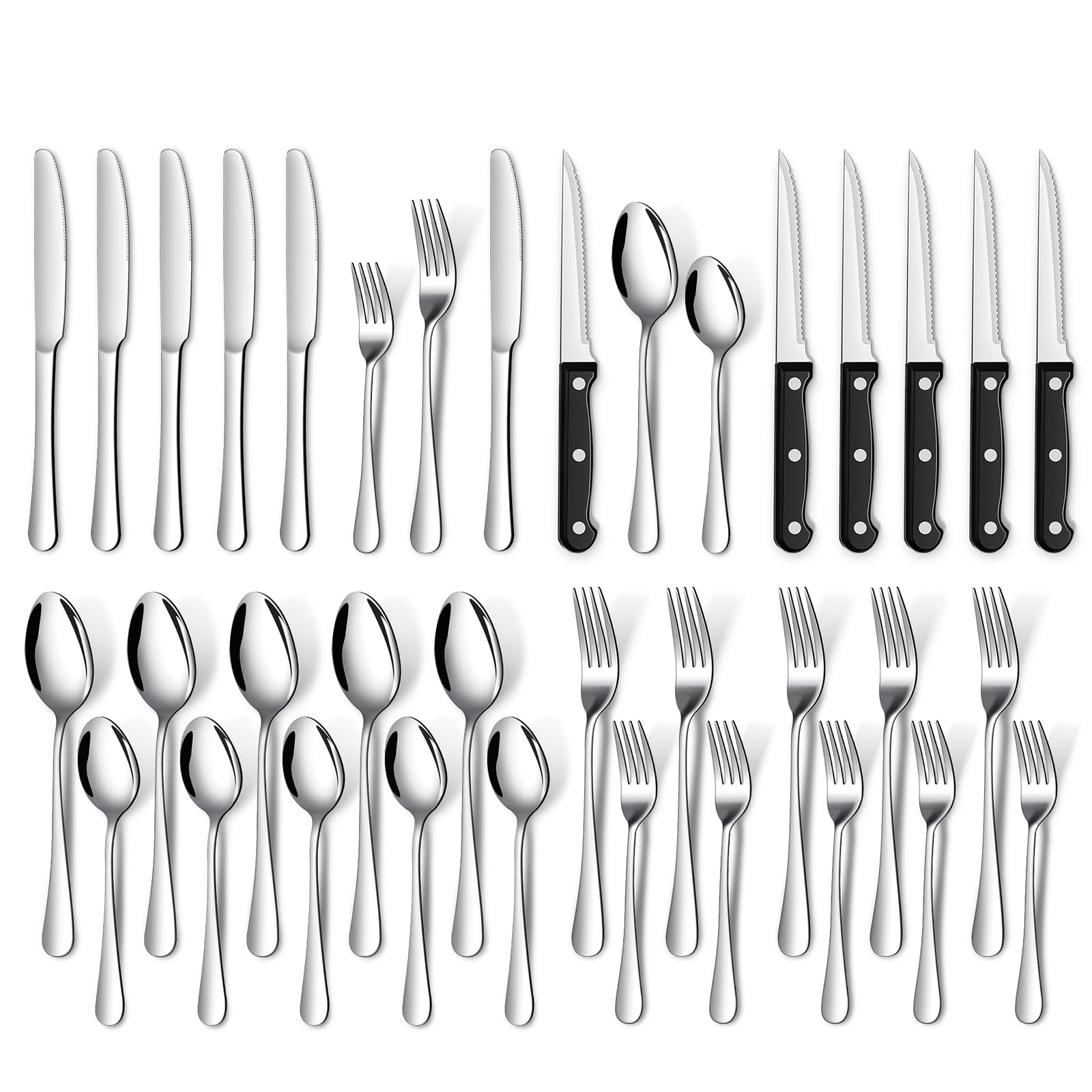 Besteck Set Schwarz für 8 Personen, 48-teiliges Edelstahlbesteckset mit Steakmesser, elegantes Besteck mit Messer, Gabel, Löffel, Besteck für Küche/Restaurant