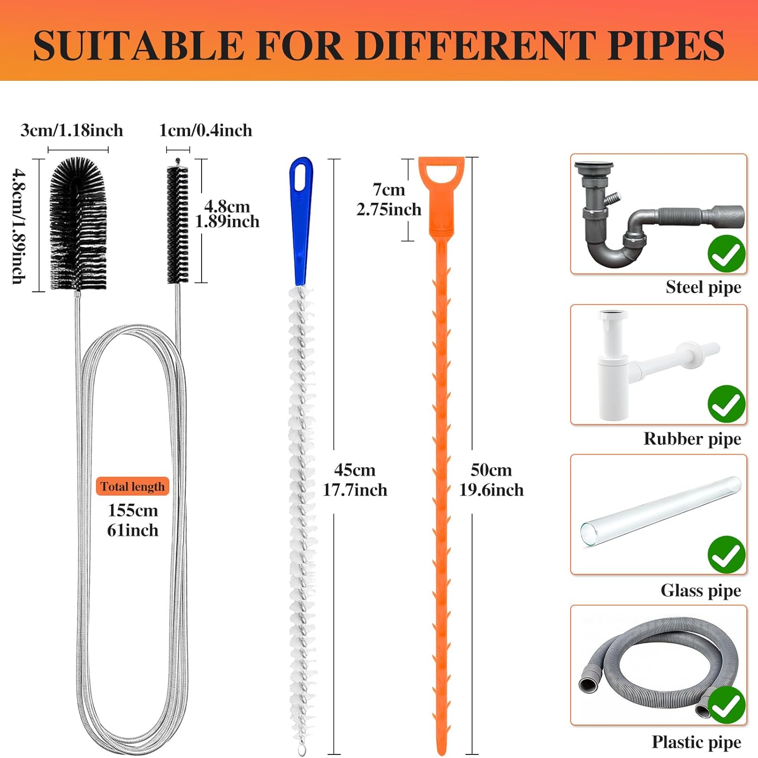 Abflussreiniger Spirale,Doppelkopf-Rohrreinigungsbürste Edelstahl-Kanalreiniger,Abflussreiniger Sticks, Abfluss Bürste,Flexible Reinigungsbürste für den Abfluss in Küche und Dusche
