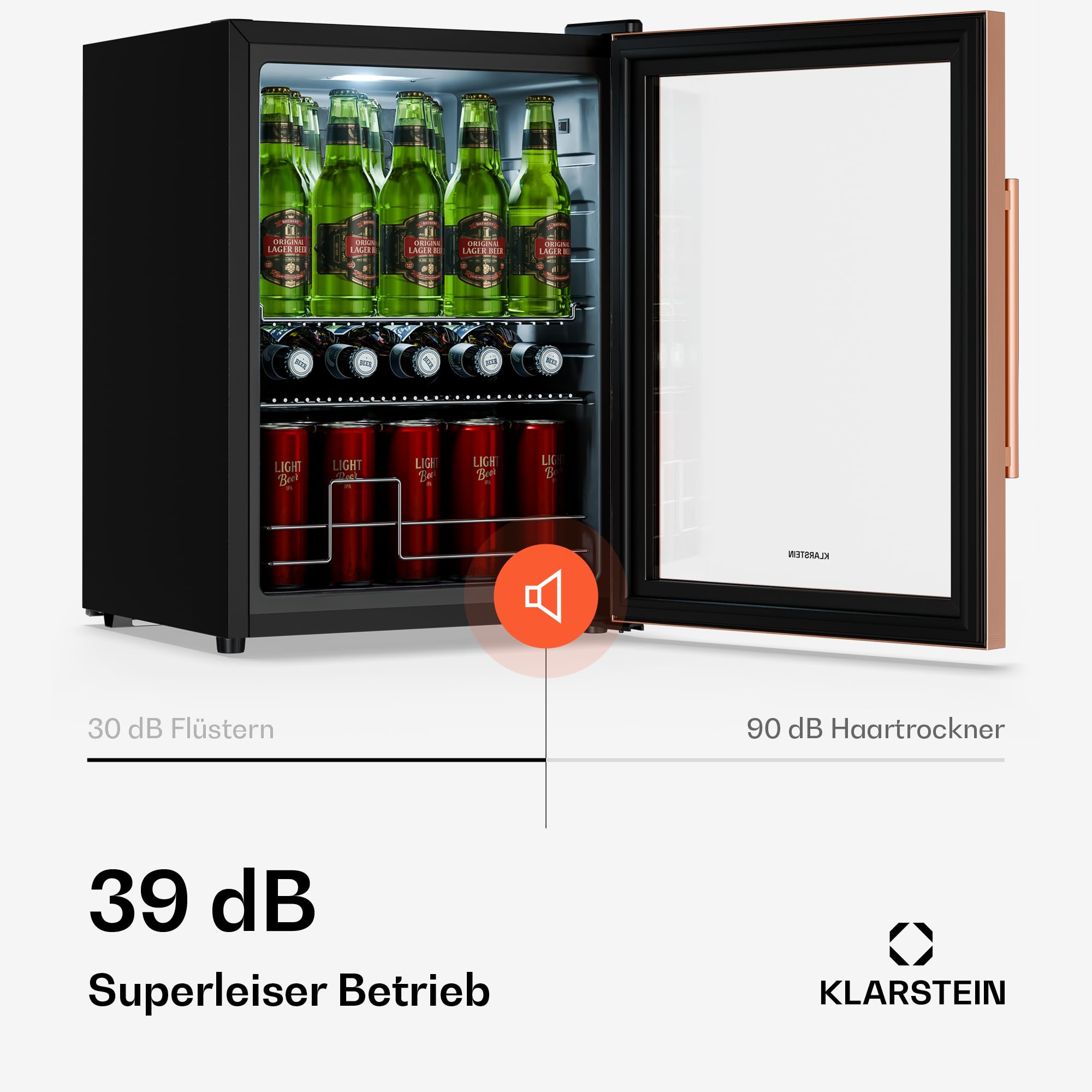 Beersafe Getränkekühlschrank 60 L – Mini Kühlschrank mit Glastür, Kupfer | LED-Beleuchtung, herausnehmbare Metallablagen, leise, Flaschenkühlschrank für Getränke & Dosen
