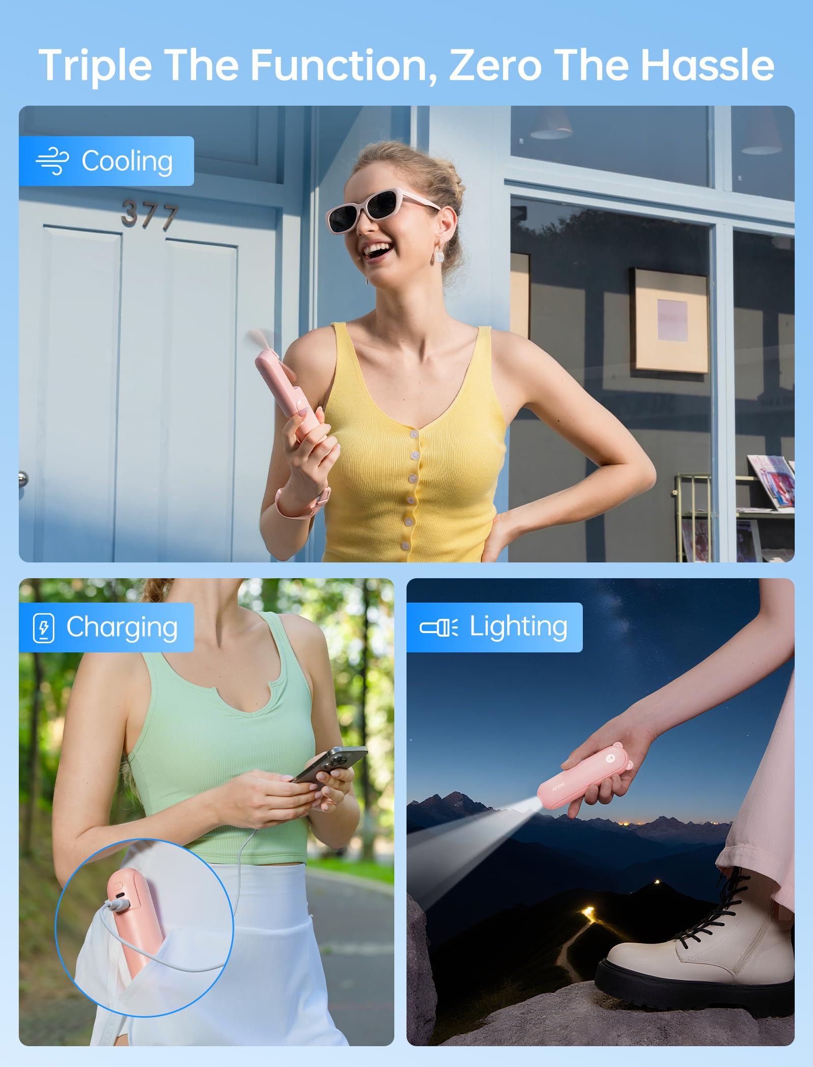 Mini Handventilator, 3-in-1 Handventilator, wiederaufladbarer USB /12–19 Betriebsstunden - mit Powerbank, Taschenlampe, tragbarer Ventilator für Reisen/Sommer, Geschenke für Frauen-Rosa