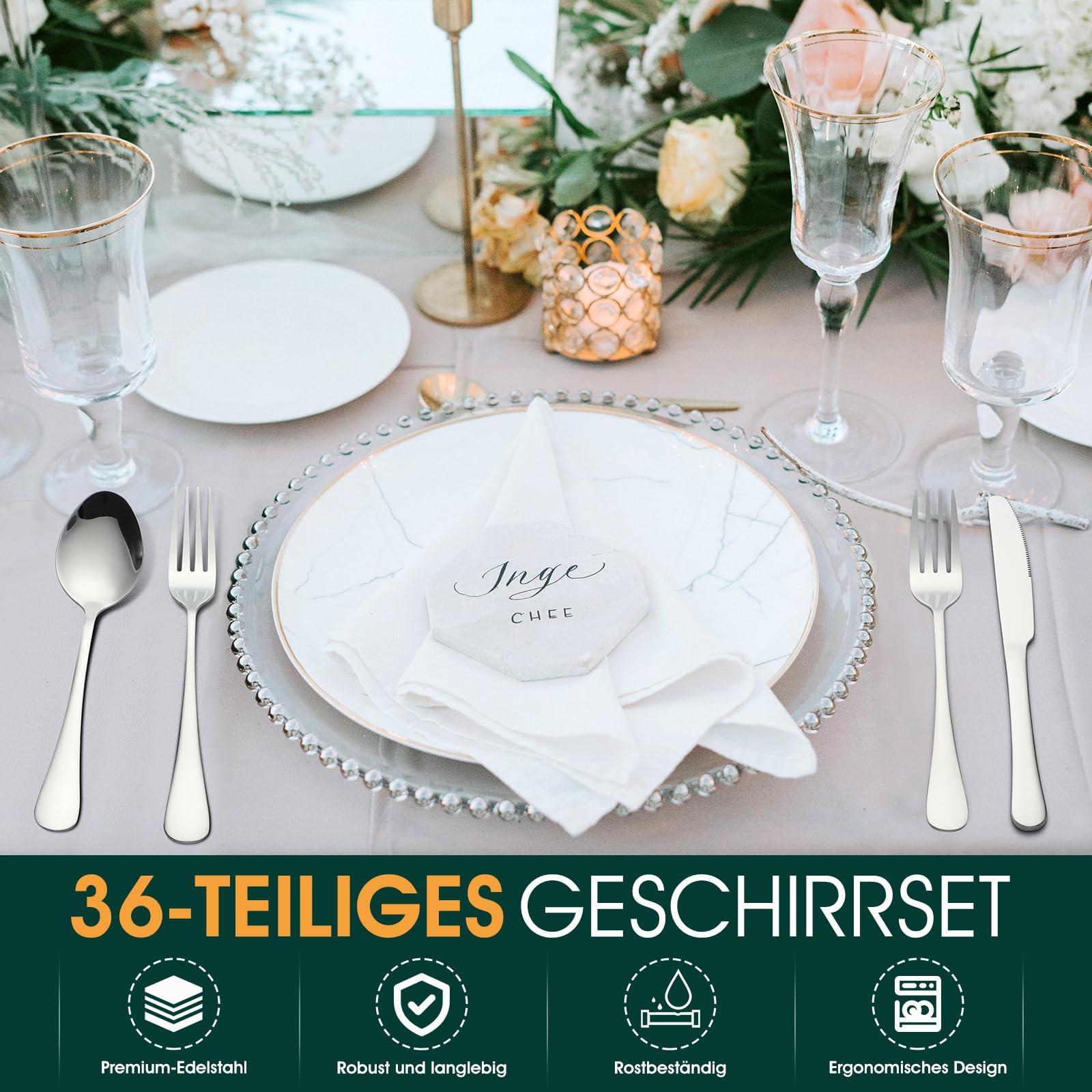 Besteck Set Schwarz für 8 Personen, 48-teiliges Edelstahlbesteckset mit Steakmesser, elegantes Besteck mit Messer, Gabel, Löffel, Besteck für Küche/Restaurant