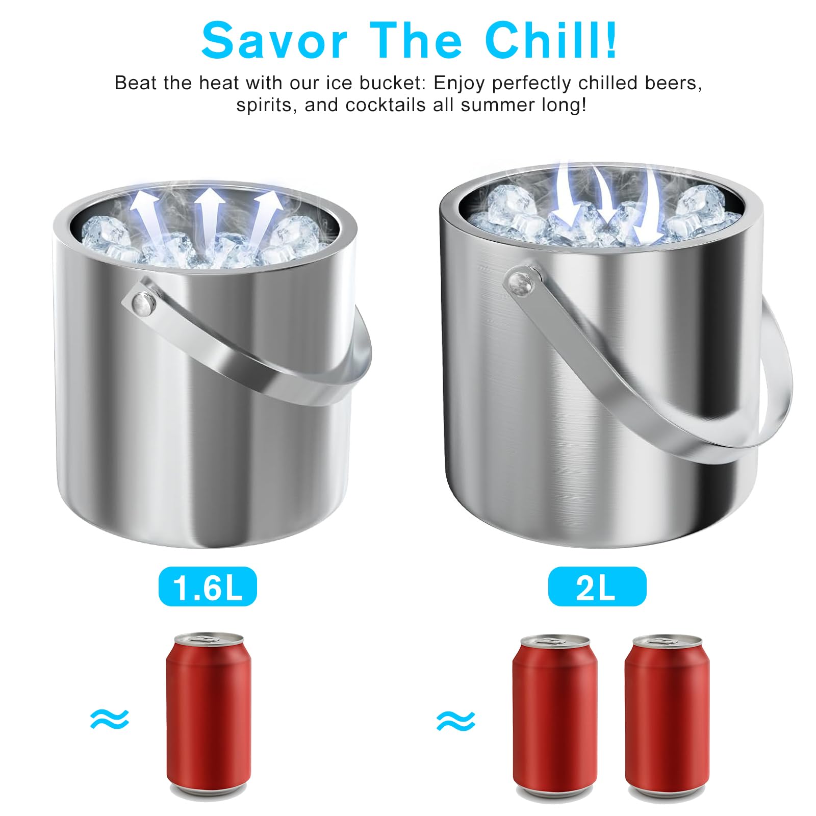 Edelstahl Eiswürfelschale, 1,6 L Eisküche mit Doppelwanddesign, Eiskübel für Eiswürfel, Eiskübel mit Deckel- und Eisschaufel & Zange, Tragbarer Eiskühler zum Kühlen von Bier, Champagner, Wein