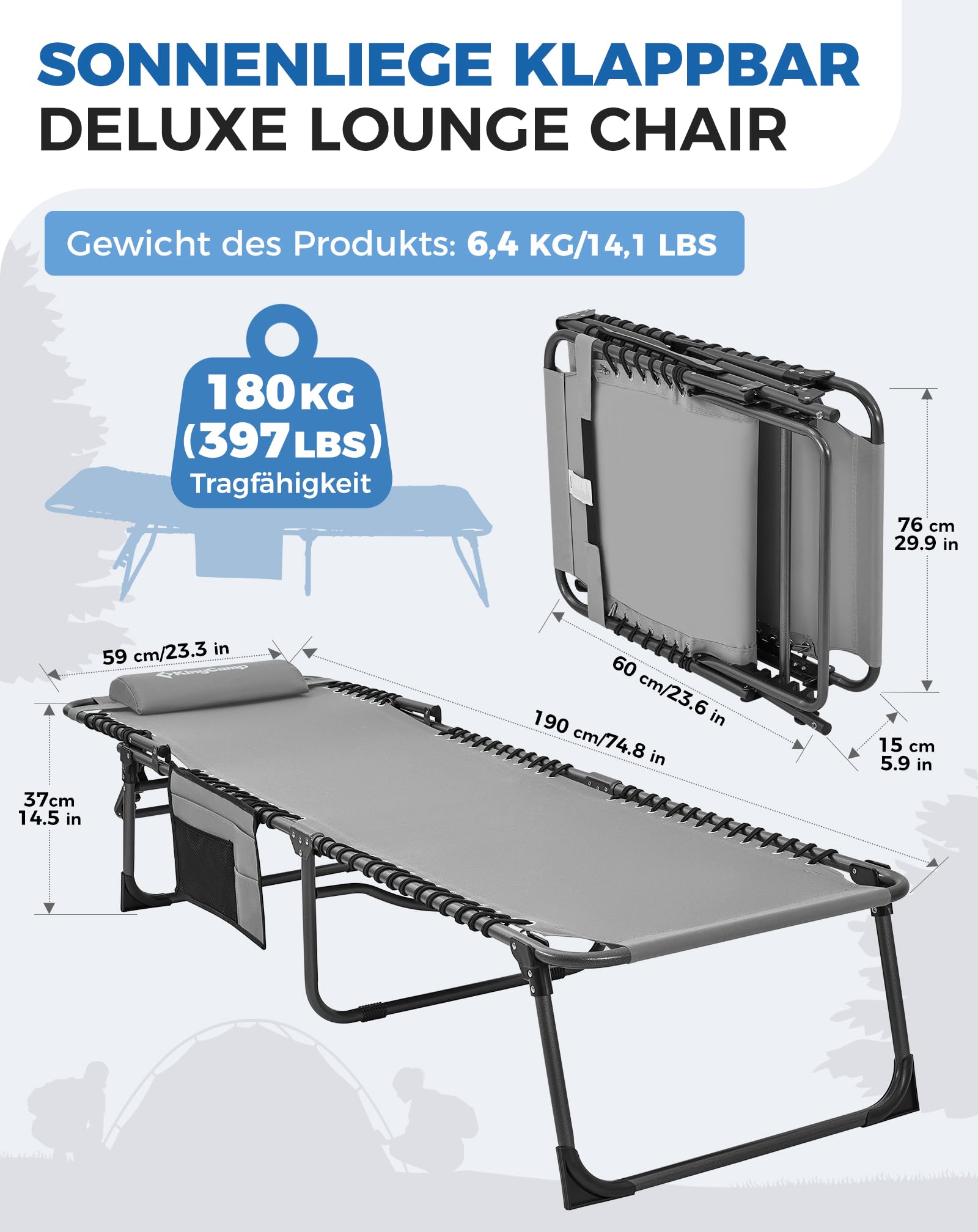 Sonnenliege Klappbar 5-Verstellbare, bis 180 kg, 2er Set, Blau | Gartenliege Klappbar, mit Kopfstütze & Seitentasche, Sonnenliege Wetterfest, Strandliege für Garten Terrasse Pool Camping