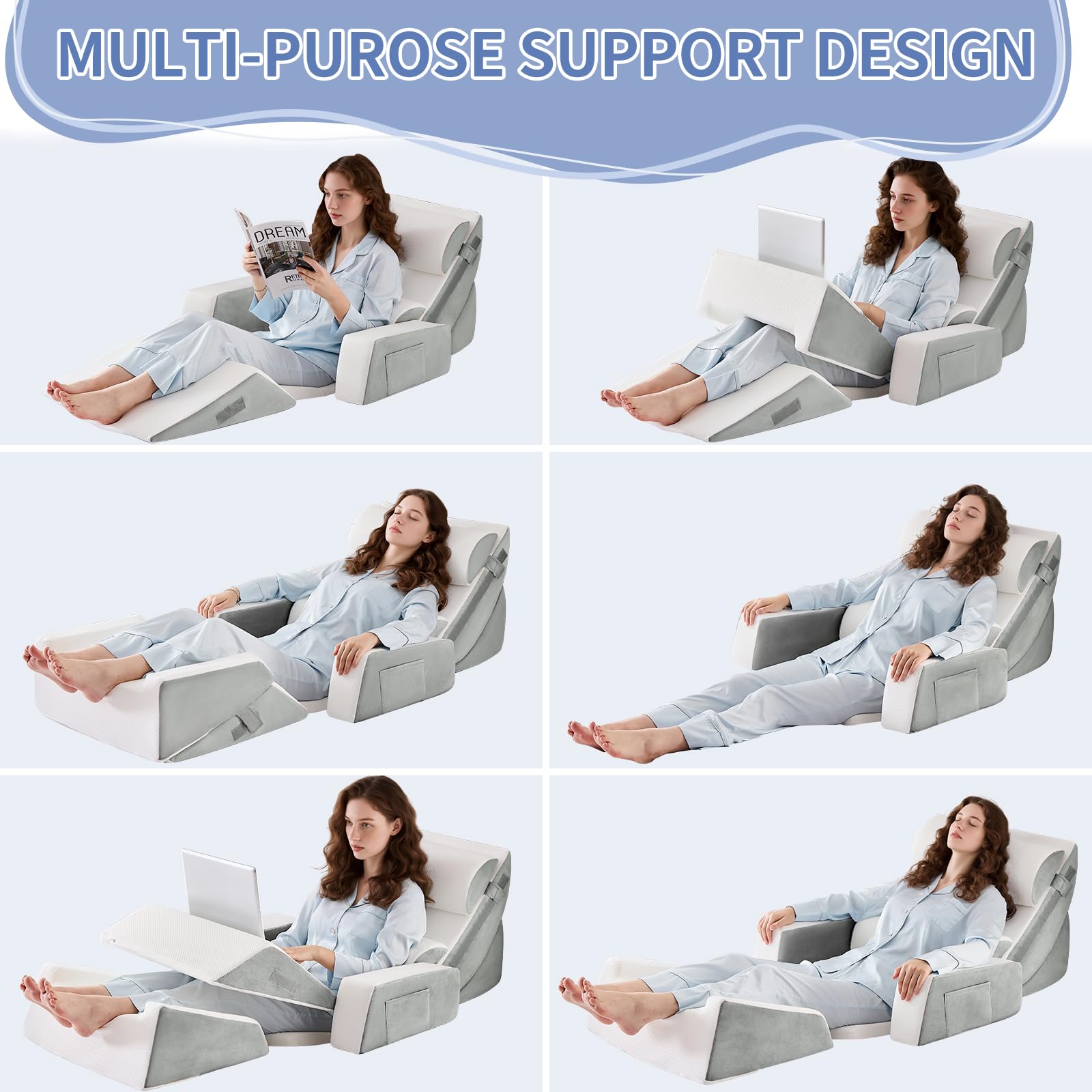 Orthopädische Bett Keil Kissen Set,Post Chirurgie Schaum Kissen für Körper, Rücken und Beine Schmerzlinderung,Justierbare Stützkissen mit Säure Reflux Bed Wedge Memory Foam Hellgrau
