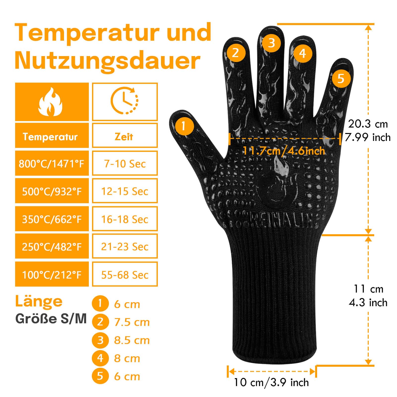 Reinalin Grillhandschuhe Hitzebeständig bis 800°C, Ofenhandschuhe Topfhandschuhe Feuerfeste Handschuhe BBQ Handschuhe Kochhandschuhe Backhandschuhe Backofenhandschuhe (L/XL/XXL, Schwarz)