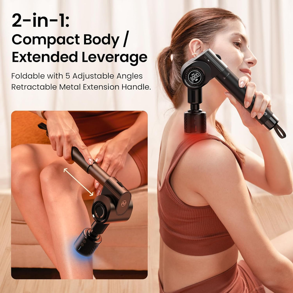 Massagepistole,Napre Faltbare Massage Pistole Massage Gun mit Verlängerungsgriff und Einstellbaren Winkeln,Muskel Percussion Massagegerät für Schulter Körper Rücken,32 Geschwindigkeiten,6 Aufsätze