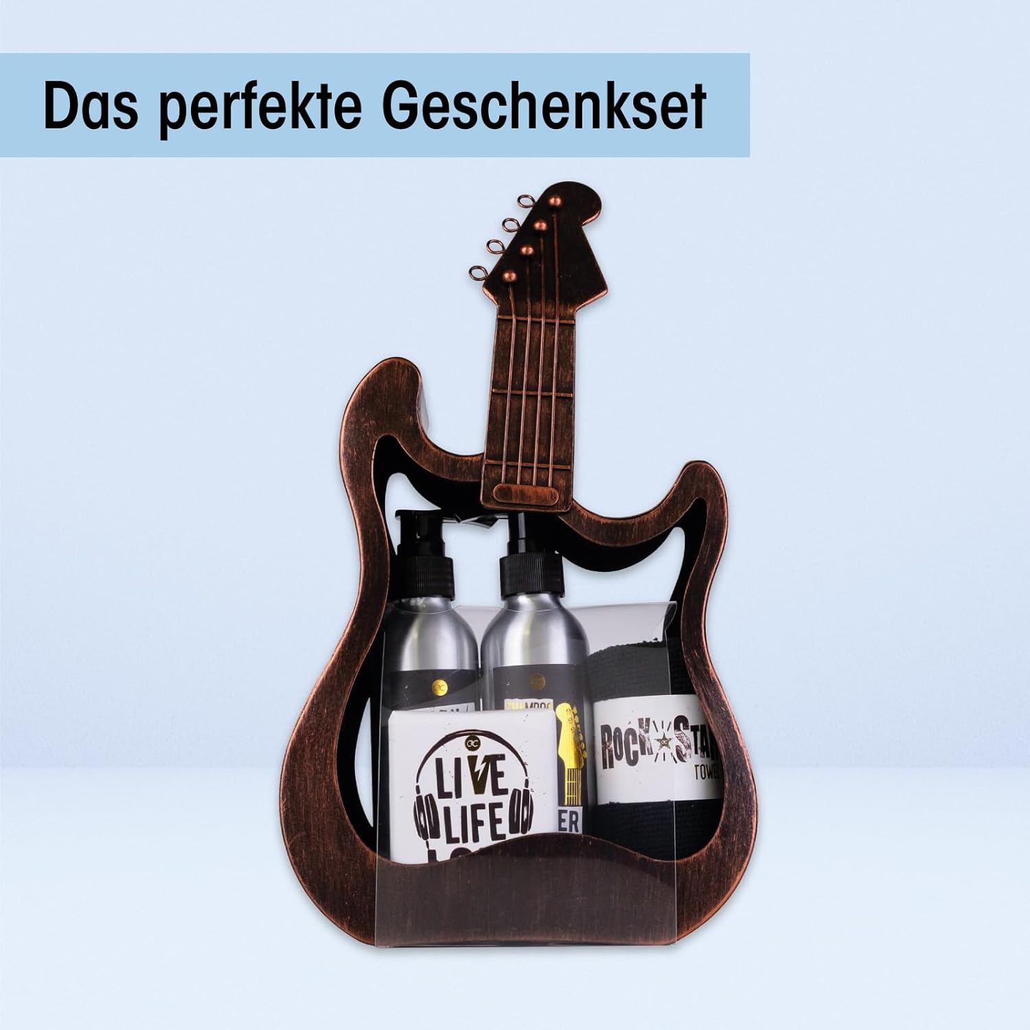 Geschenkset in Metallgitarre, inklusive Duschgel, Body Lotion, Seife und kleinem Handtuch - Ungewöhnliches Geschenkset für besondere Anlässe wie Muttertag, Vatertag, Geburtstag oder Ostern / NEU & OVP!