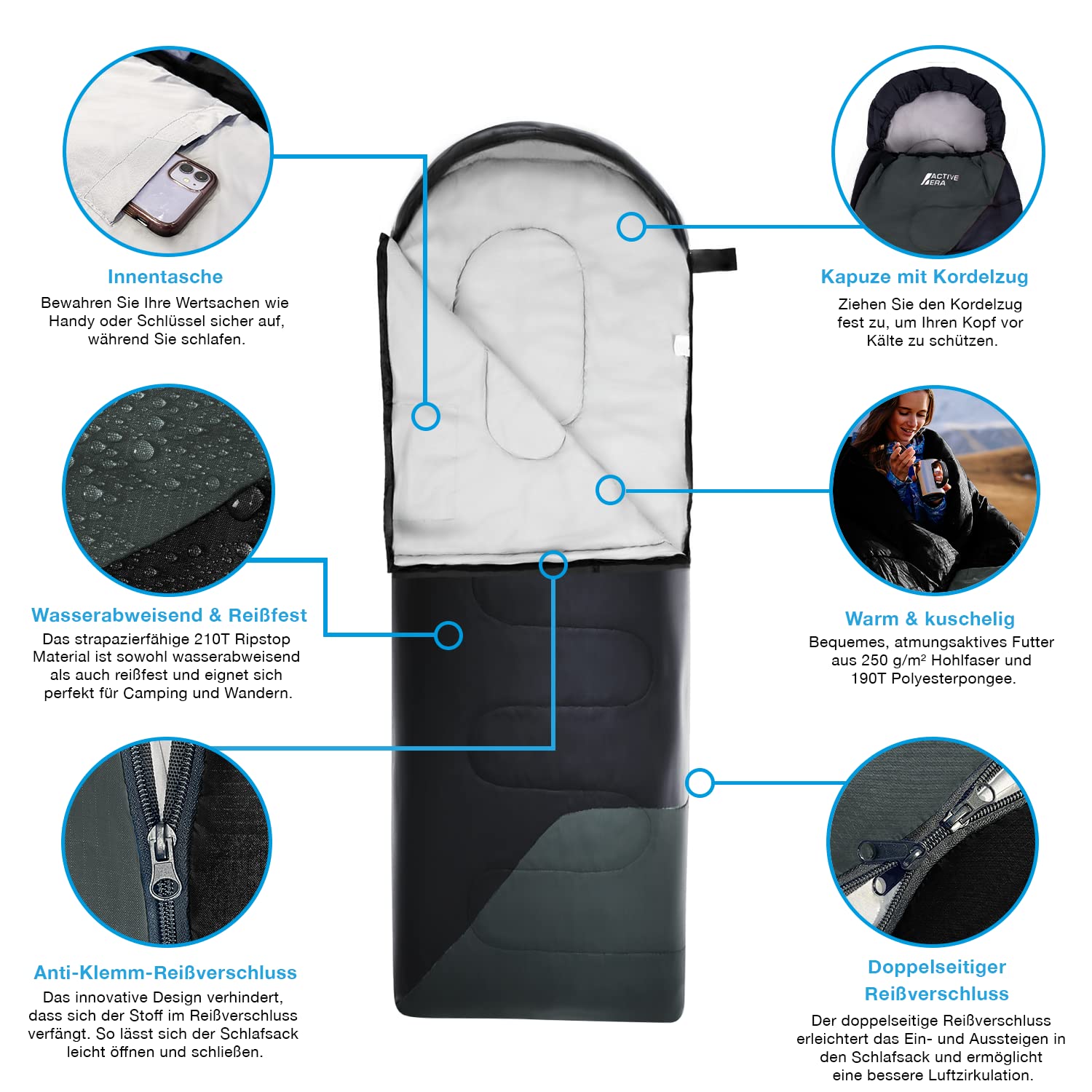 Active Era Premium Mumienschlafsack 250 GSM, Schlafsack Winter & Sommer, 0°C bis 15°C, Indoor und Outdoor Camping, Festivals, Sleeping Bag Wasserabweisend, Ultraleicht, Kleines Packmass