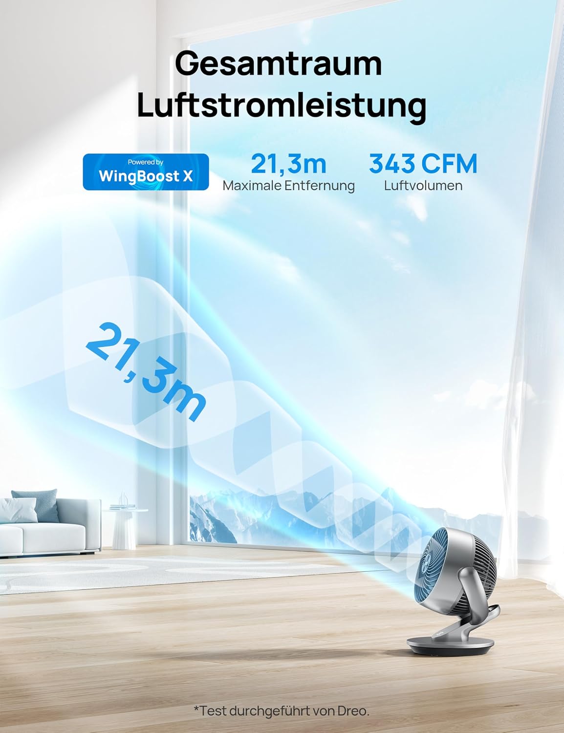 28dB Leiser Smart Tischventilator für Schlafzimmer Büro, Ventilator mit Fernbedienung Kühlung 21M Windentfernung 4-Geschwindigstufe 5 Modi 12H Timer 90° Auto 120° Manuell oszillierend, Lynx S