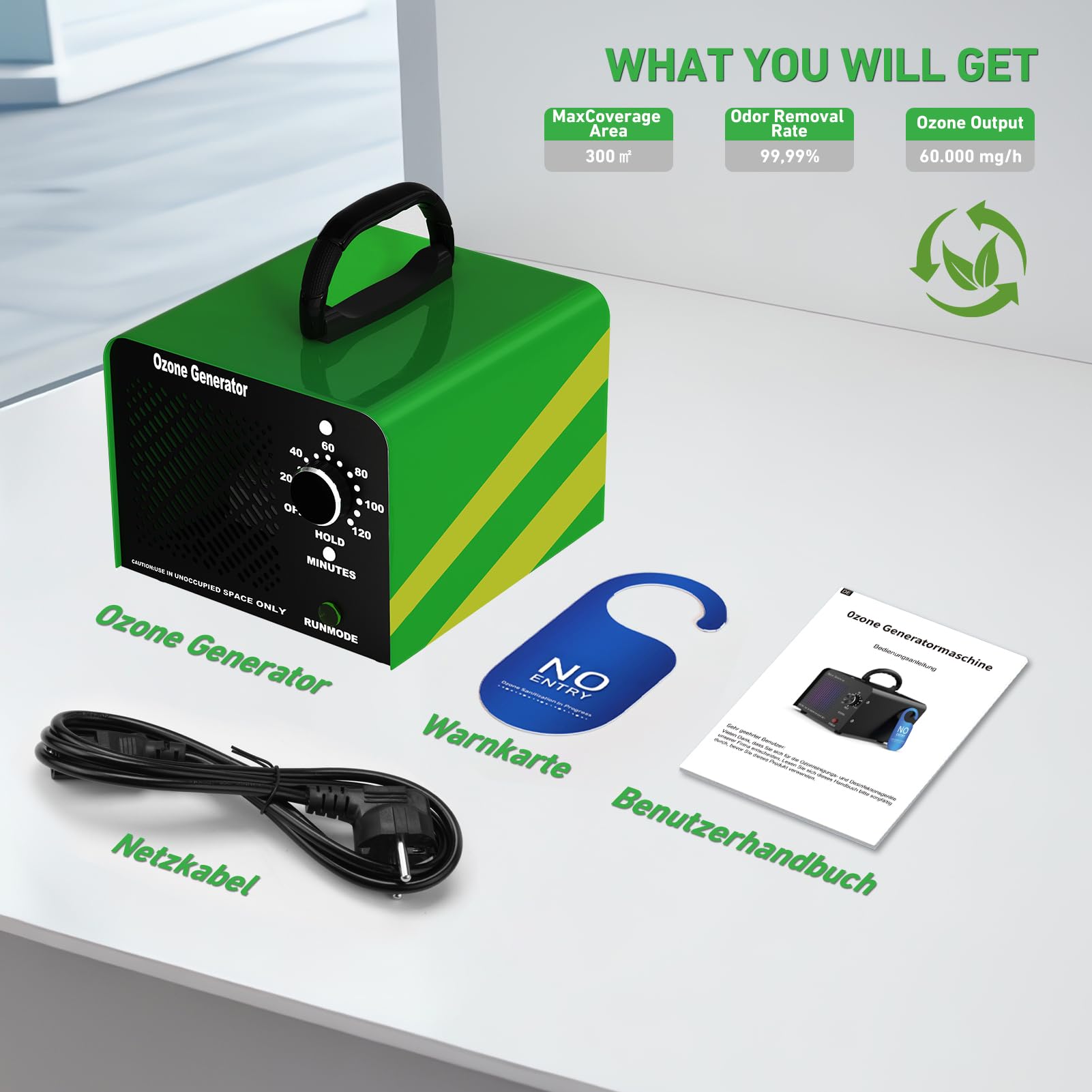 Ozongenerator O3 65000 mg/h, Ozongenerator für Autos, Industrie-Ozon-Geräteheim mit 120-Minuten-Timer, O3-Ozoniser bis 300 m2, Ozongenerator für Garagen, Haustiere, Küche, Handel, Hotels