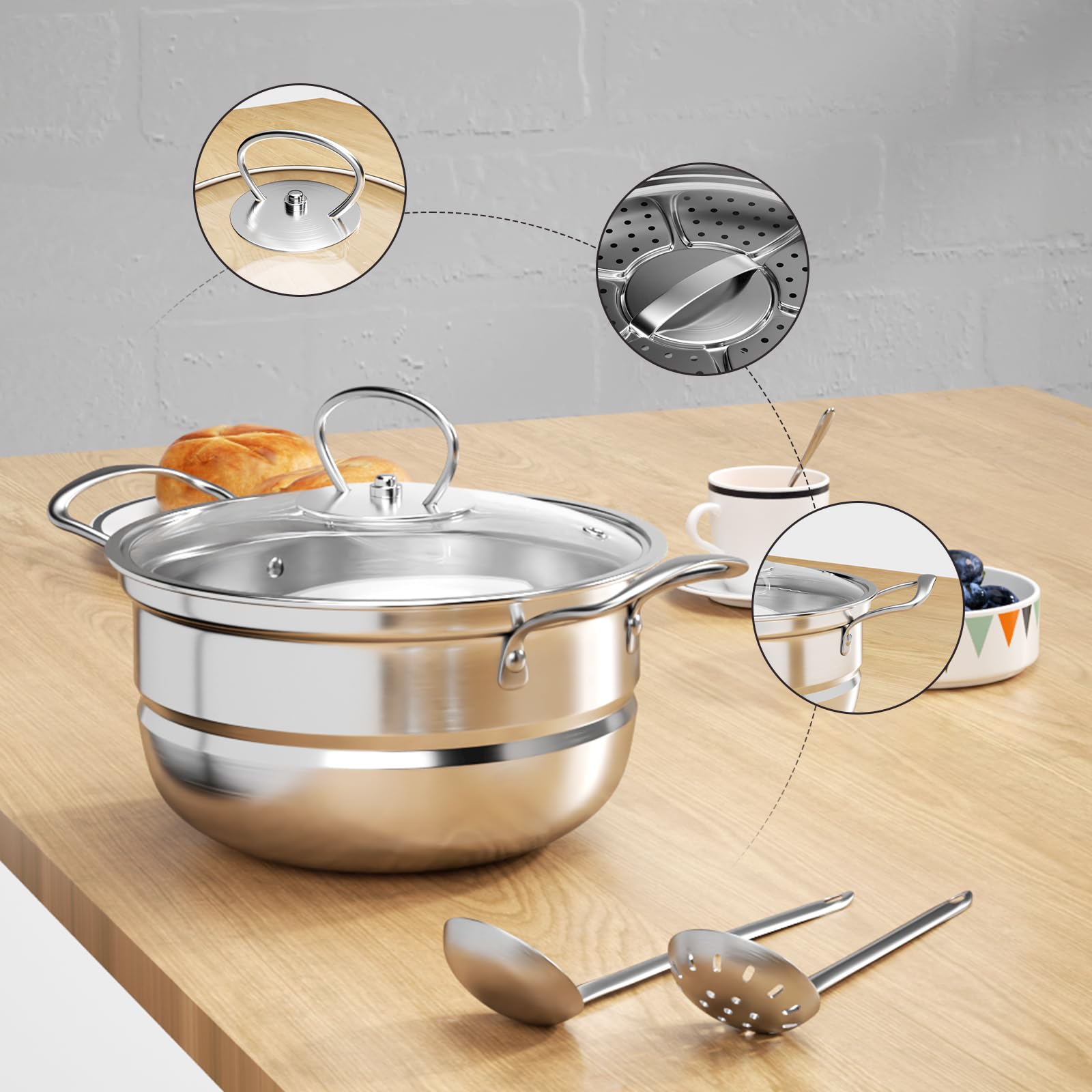 Edelstahl Saucepan Set, 12-teilige Töpfe Set mit Dampfer und Löffel, großes Kochgeschirr, Induktionskochtopf Set, Töpfe Set