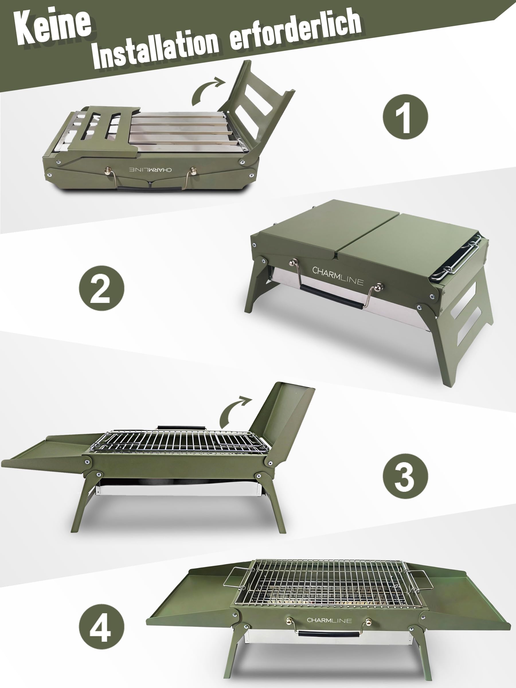Tragbarer Holzkohlegrill, Klappbarer Campinggrill 35 x 23 cm für 1–3 Personen, Mini BBQ Grill für Balkon, Garten, Camping, Picknick und Strand