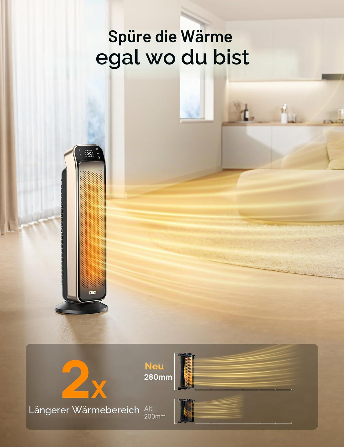 Heizlüfter Energiesparend Leise, 25 Zoll Keramik Heizung Elektrisch mit Fernbedienung und Thermostat, 2000W Elektroheizung, 3 Modus, 12-Std-Timer, Überhitzungs-Kippschutz, Solaris Max