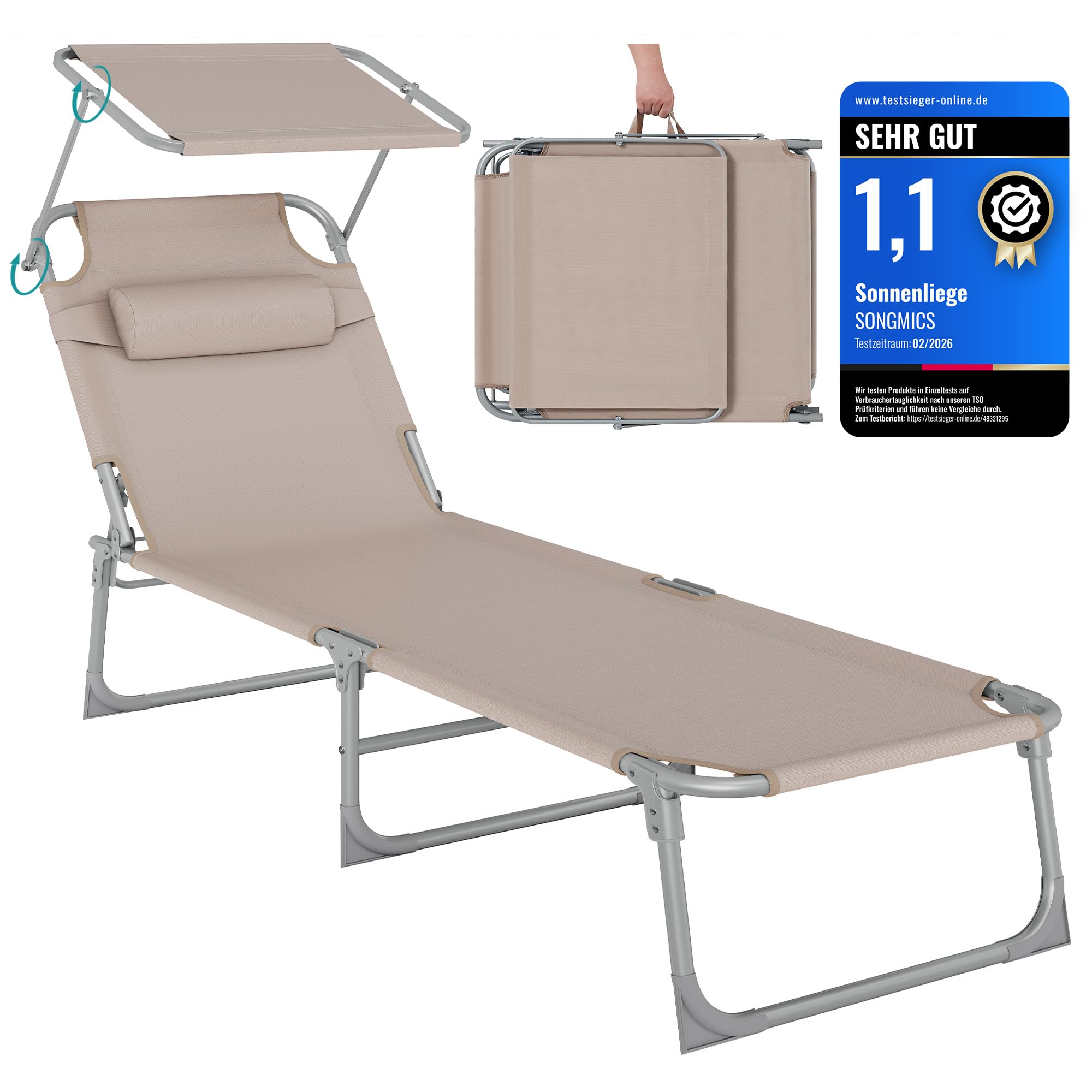Sonnenliege, klappbarer Liegestuhl, 193 x 53 x 29 cm, trägt bis zu 150 kg, Sonnenschutz, Kopfkissen, verstellbare Rückenlehne, für Garten, Pool, Terrasse