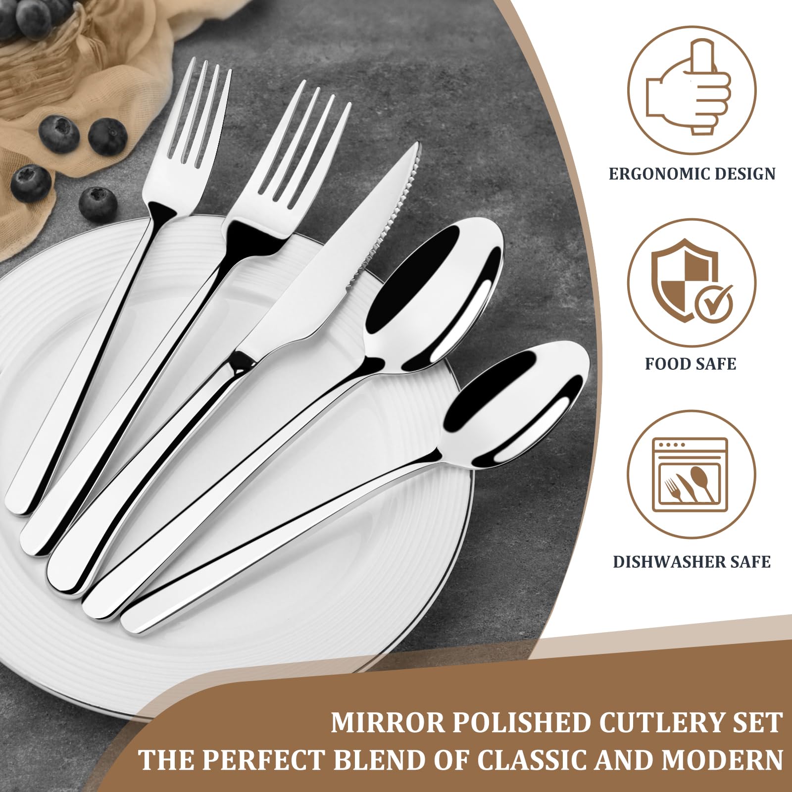 Besteck Set Schwarz für 8 Personen, 48-teiliges Edelstahlbesteckset mit Steakmesser, elegantes Besteck mit Messer, Gabel, Löffel, Besteck für Küche/Restaurant