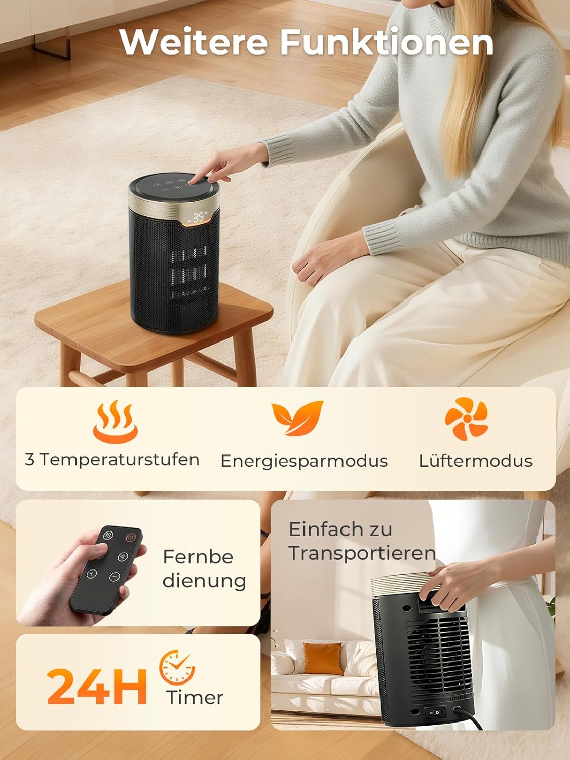 Heizlüfter Energiesparend, 24 Std Timer 32 dB Leiser 1500W PTC Keramik Elektrischer Heizlüfter mit Thermostat, Überhitzungs- & Kippschutz, Elektroheizung für Räume Schlafzimmer, ECO-Modus, Glod