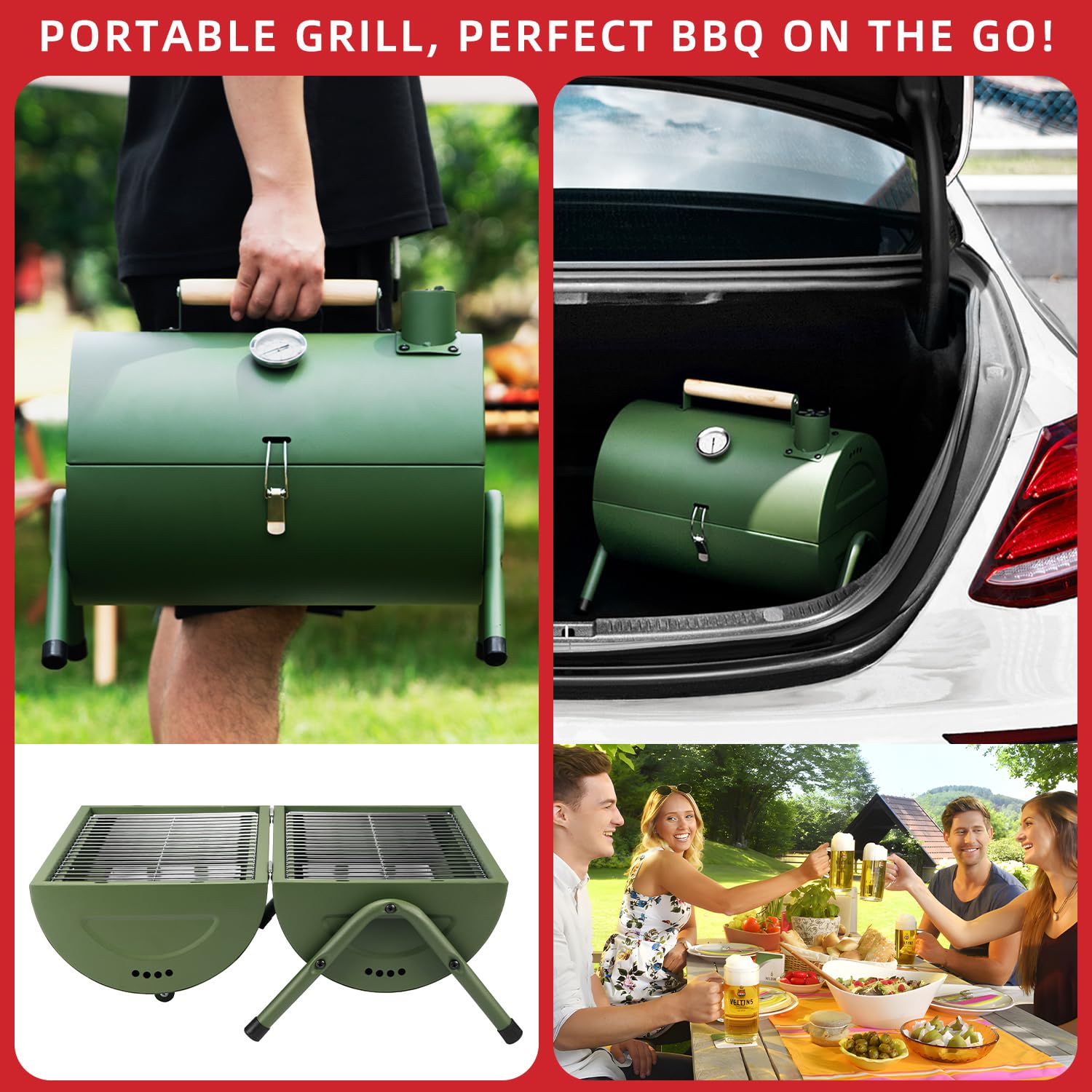 Holzkohlegrill Klein Campinggrill Kleiner Grill Camping Grill Holzkohle Mini Tragbarer Klappgrill Holzkohle für Outdoor Kochen, Picknick, Ideal für Strand, Wohnwagen, Garten, Party Barrel Schwarz