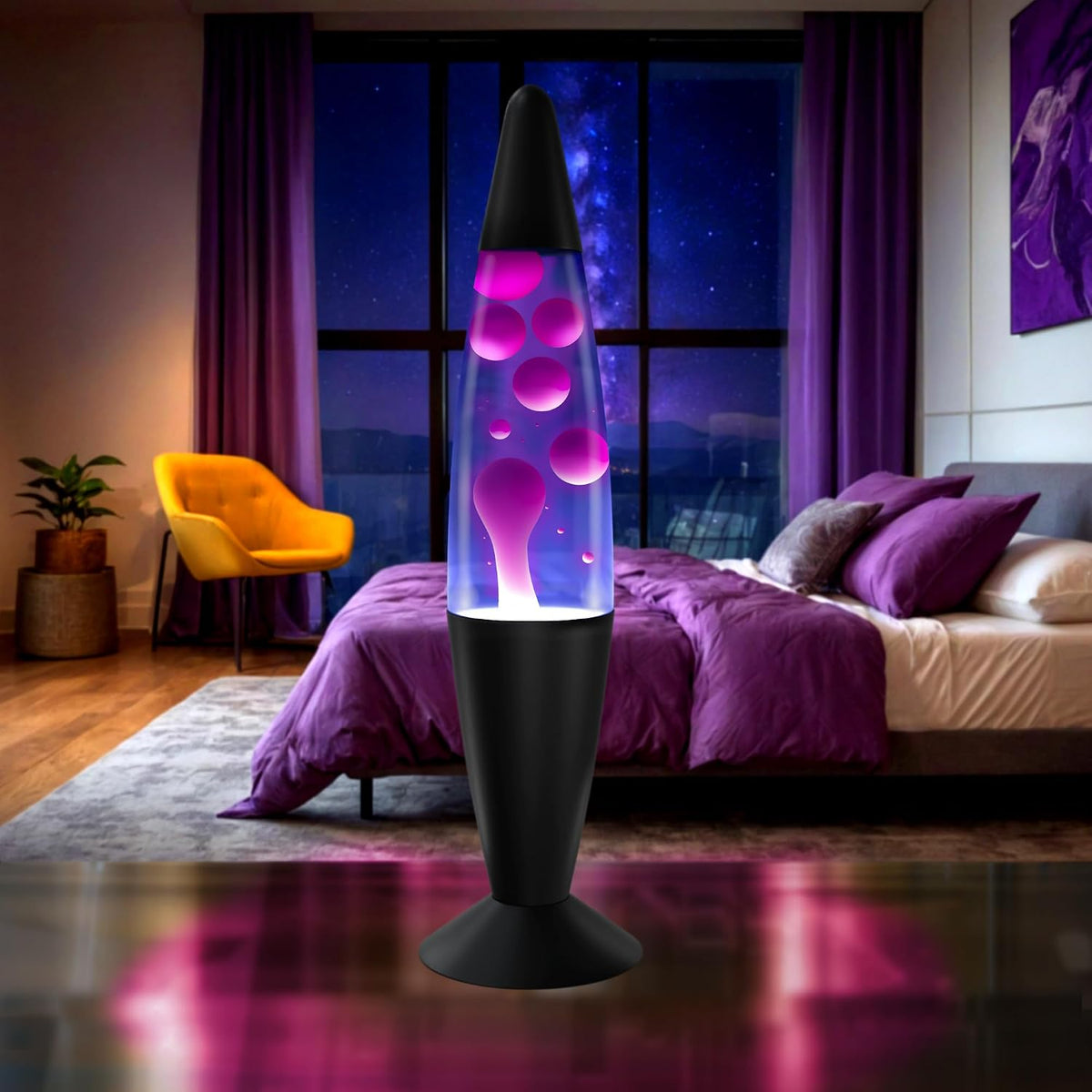 Jambo Liquid-Motion-Lampe mit schwarzem Sockel (Black Base, Purple Liquid, White Wax, 16")