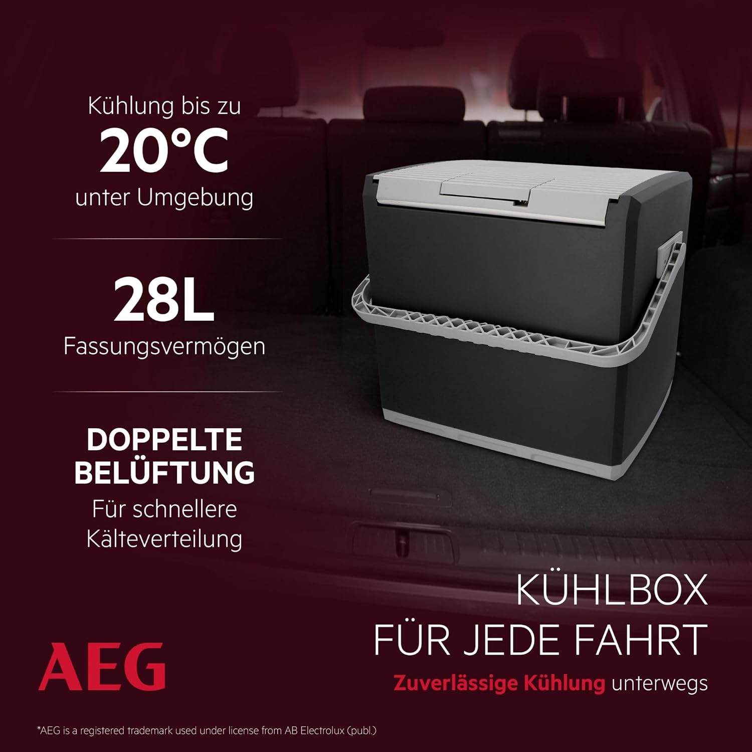AEG Thermoelektrische Kühlbox KK 28, kühlt bis 20 °C unter Umgebungstemparatur, 28 Liter Fassungsvermögen, 12V/230V, Tragegriff & Kabelfach, leicht zu reinigen, für Auto, Reisen & Camping
