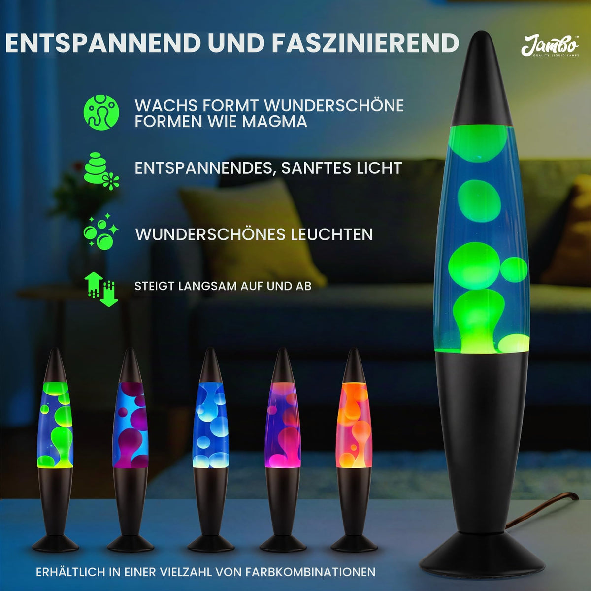 Jambo Liquid-Motion-Lampe mit schwarzem Sockel (Black Base, Purple Liquid, White Wax, 16")