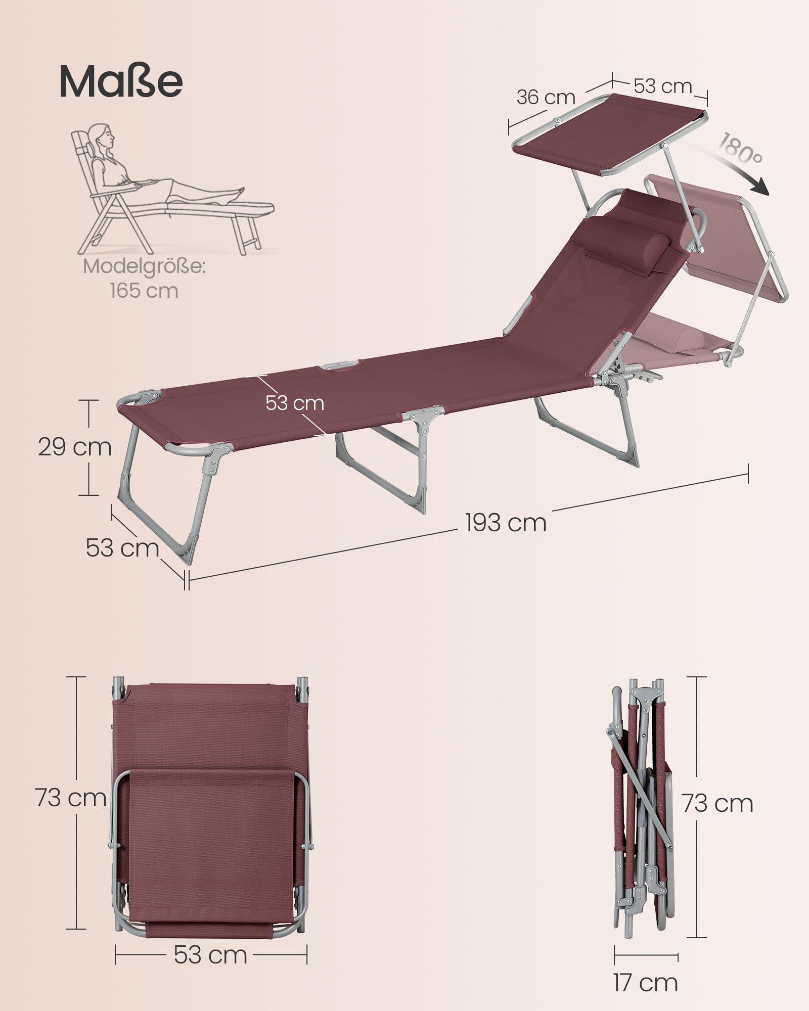 Sonnenliege, klappbarer Liegestuhl, 193 x 53 x 29 cm, trägt bis zu 150 kg, Sonnenschutz, Kopfkissen, verstellbare Rückenlehne, für Garten, Pool, Terrasse