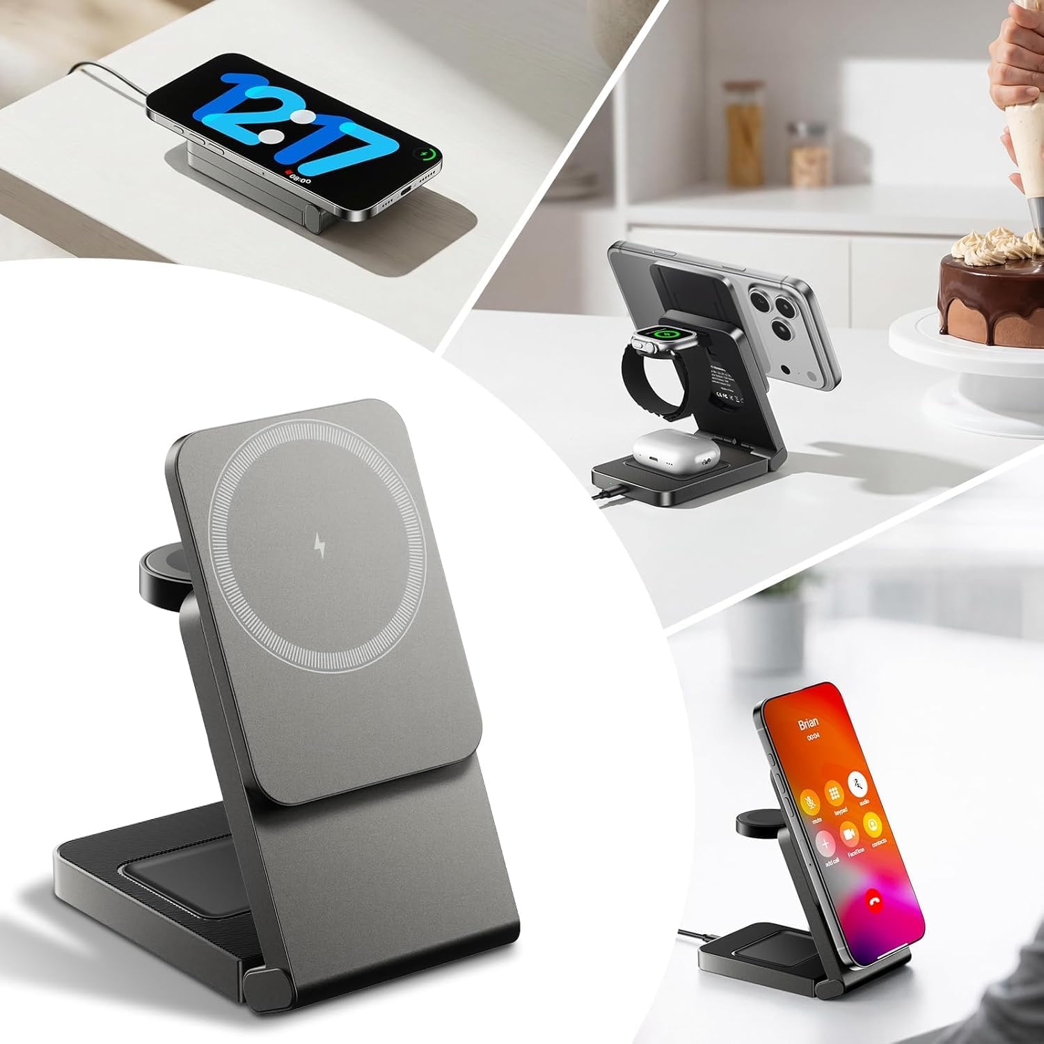 3 in 1 MagSafe Induktive Ladestation, Kabelloses Ladegerät QI2.2 | Magnet Induktionsladegerät für iPhone 12-17 Serie/Apple Watch/AirPods, Wireless Charger Stand mit 20W Adapter, Silber-Schwarz