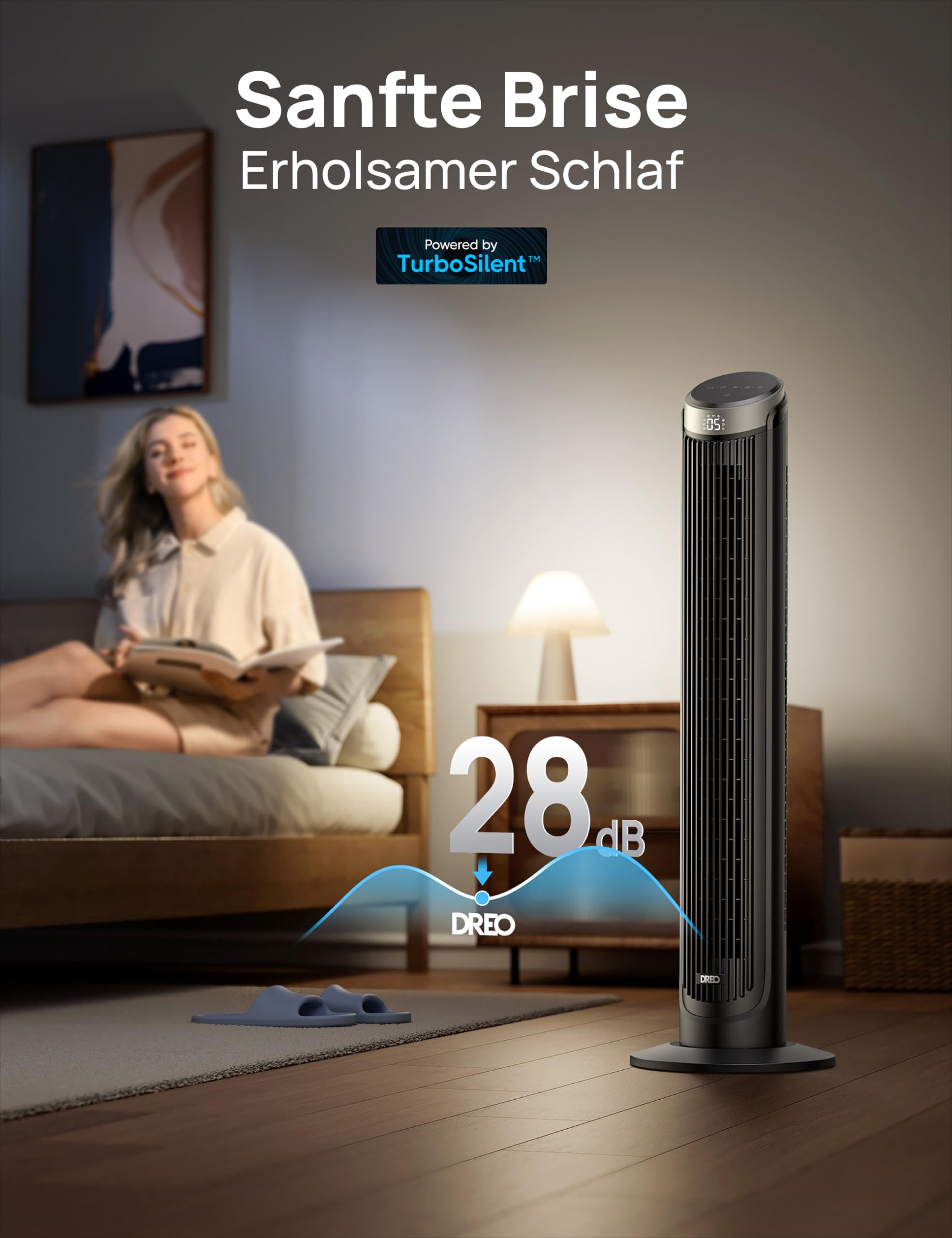 Leiser Turmventilator, Kühlung Fernbedienung 5-Geschwindigkeit 4 Modi 12 Std Timer, 90° Oszillierendes Tower Fan Standventilator für Schlafzimmer, Cruiser Pro T3, Schwarz