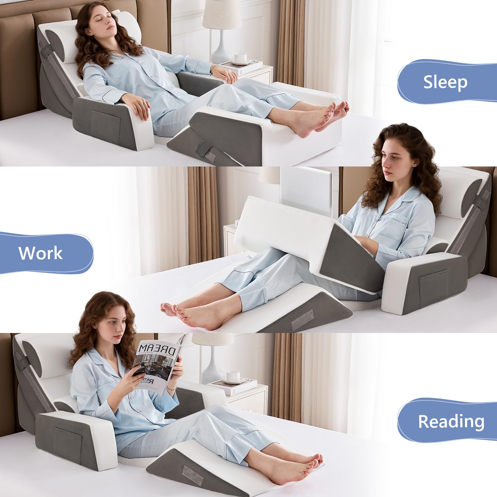 Orthopädische Bett Keil Kissen Set,Post Chirurgie Schaum Kissen für Körper, Rücken und Beine Schmerzlinderung,Justierbare Stützkissen mit Säure Reflux Bed Wedge Memory Foam Hellgrau