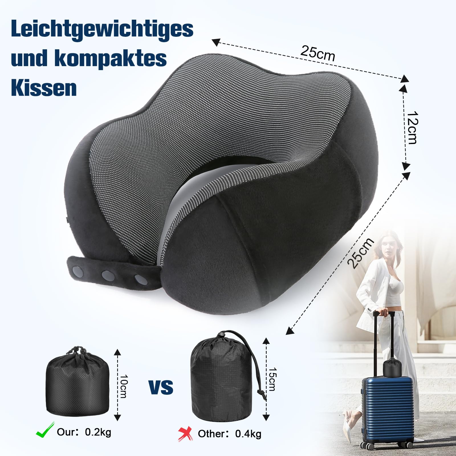 Cirorld Nackenkissen Flugzeug, Nackenhörnchen Erwachsene, Reisekissen Memory Foam, Verstellbares Kompaktes Nackenkissen Reise, Ergonomisches Weich Atmungsaktiv mit Ohrstöpseln, Augenmaske,Tragetasche