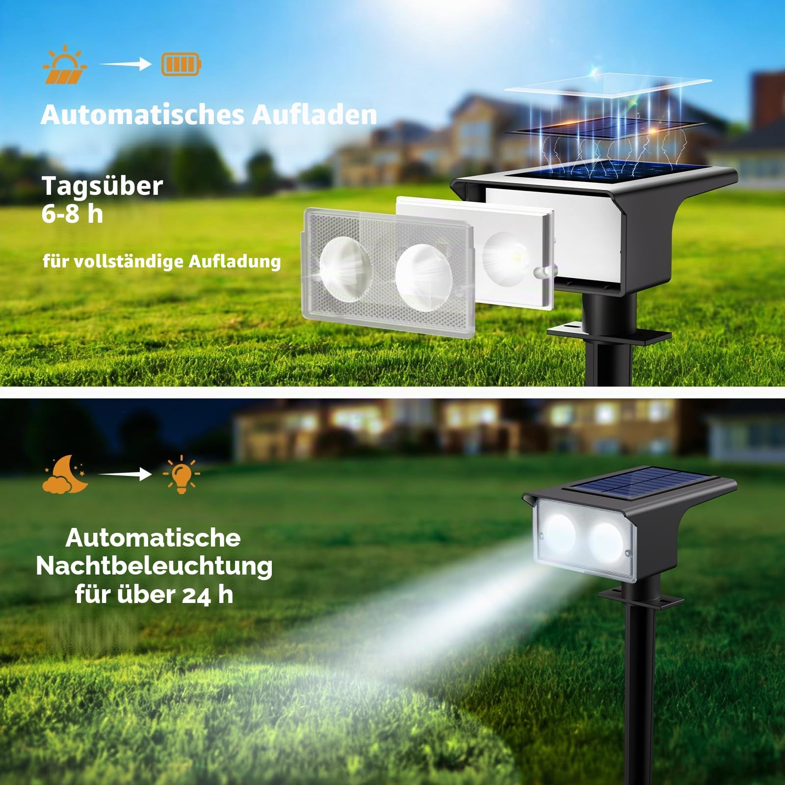 Solarlampen für Außen, 3000/4500/6000K Solarstrahler für Außen Garten 3 Farben IP65 Wasserdicht LED Solar Strahler Gartenleuchten, Solarleuchten für Outdoor Baum Rasen Weg Hof Garage