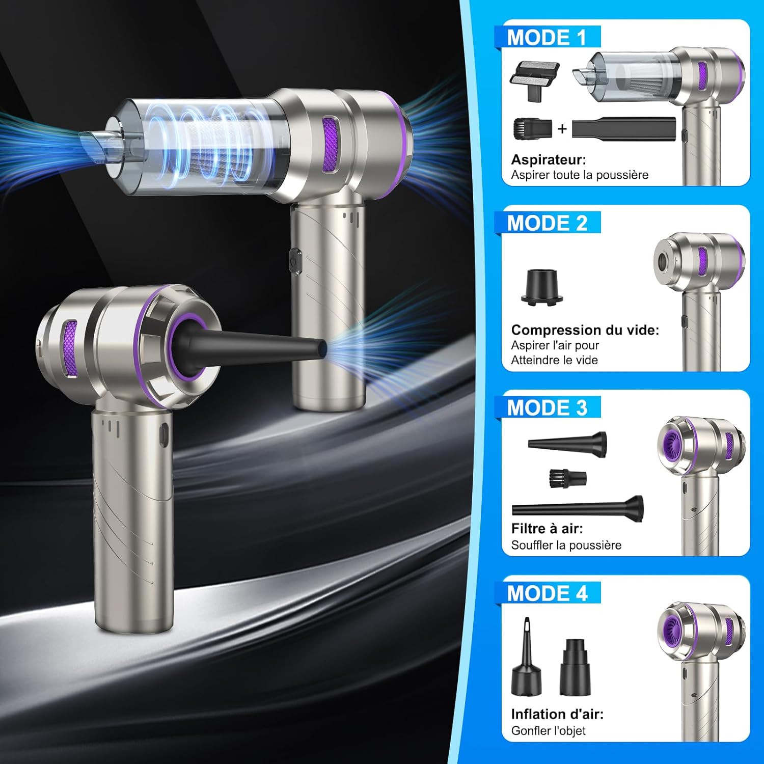 Handstaubsauger, 4-in-1 Handstaubsauger Akku kabellos, 18000Pa Autostaubsauger stark mit bürstenlosem Motor, 3-Gang Mini Staubsauger für Büro, Zuhause, Küche, Haustierhaar