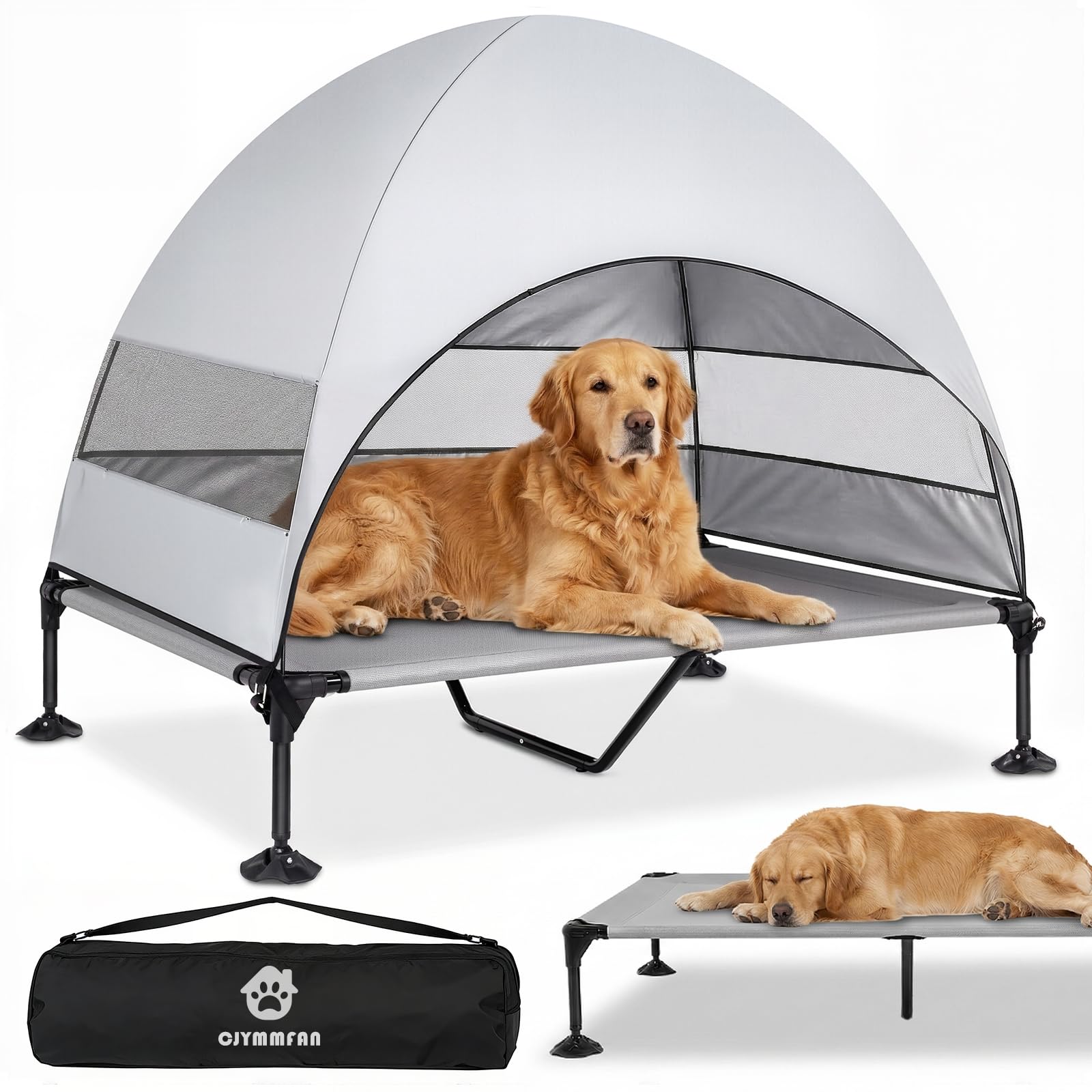 Erhöhtes Hundebett Outdoor mit UV-beständiges Dach,Hundeliege Klappbar mit Anti-Rutsch-Füßen, Hundezelt Outdoor mit Großem Schatten, Kühlendes ErhöHtes Hunde Bett für Camping, Garten & Pool (Grau, L)