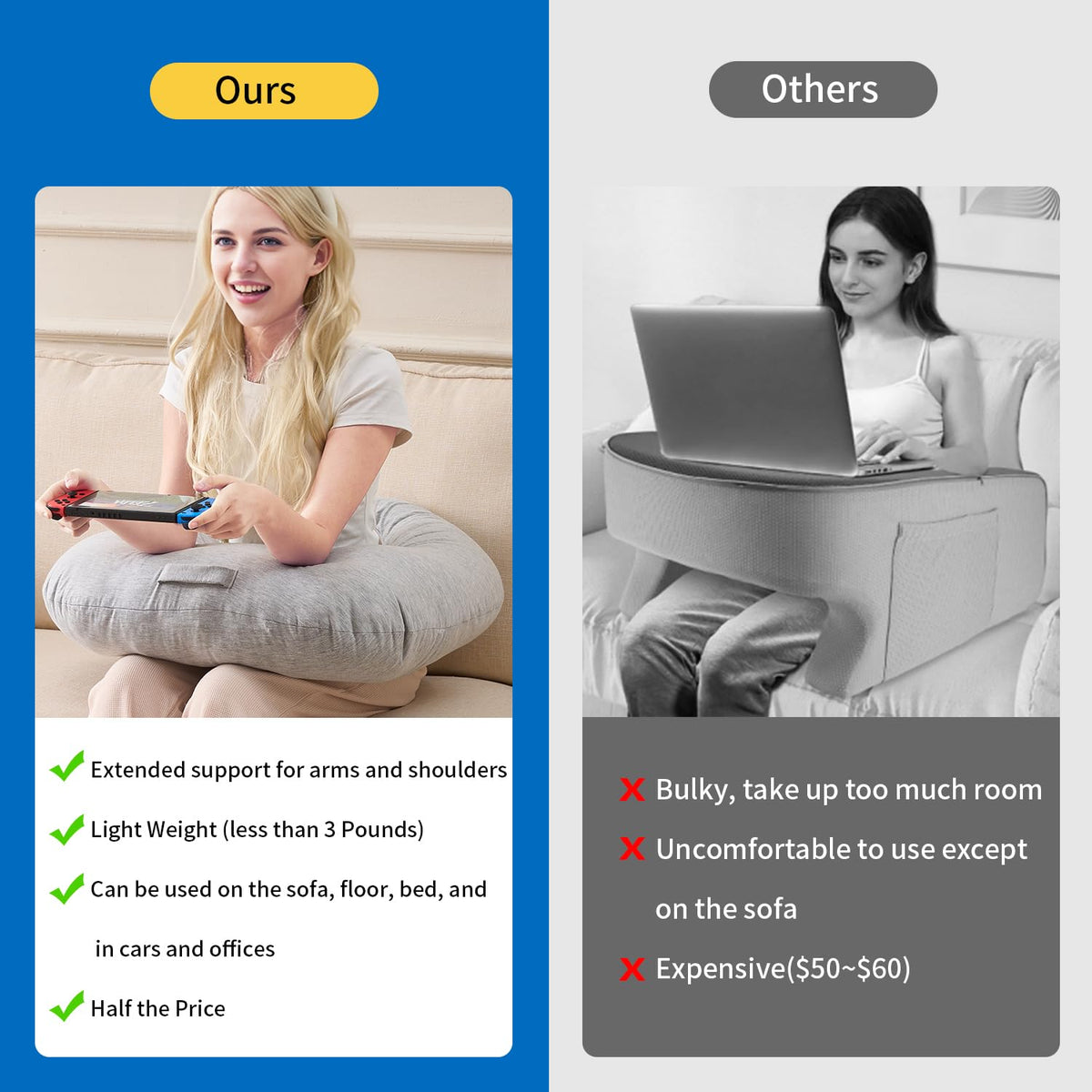 Lesekissen, ergonomische Armstütze zum Spielen, Häkeln, Laptop-Stützkissen zum Sitzen im Bett & Sofa, Haltungskorrektur-Kissen für den Schoß, Samtbezug waschbar (Soft Grau)