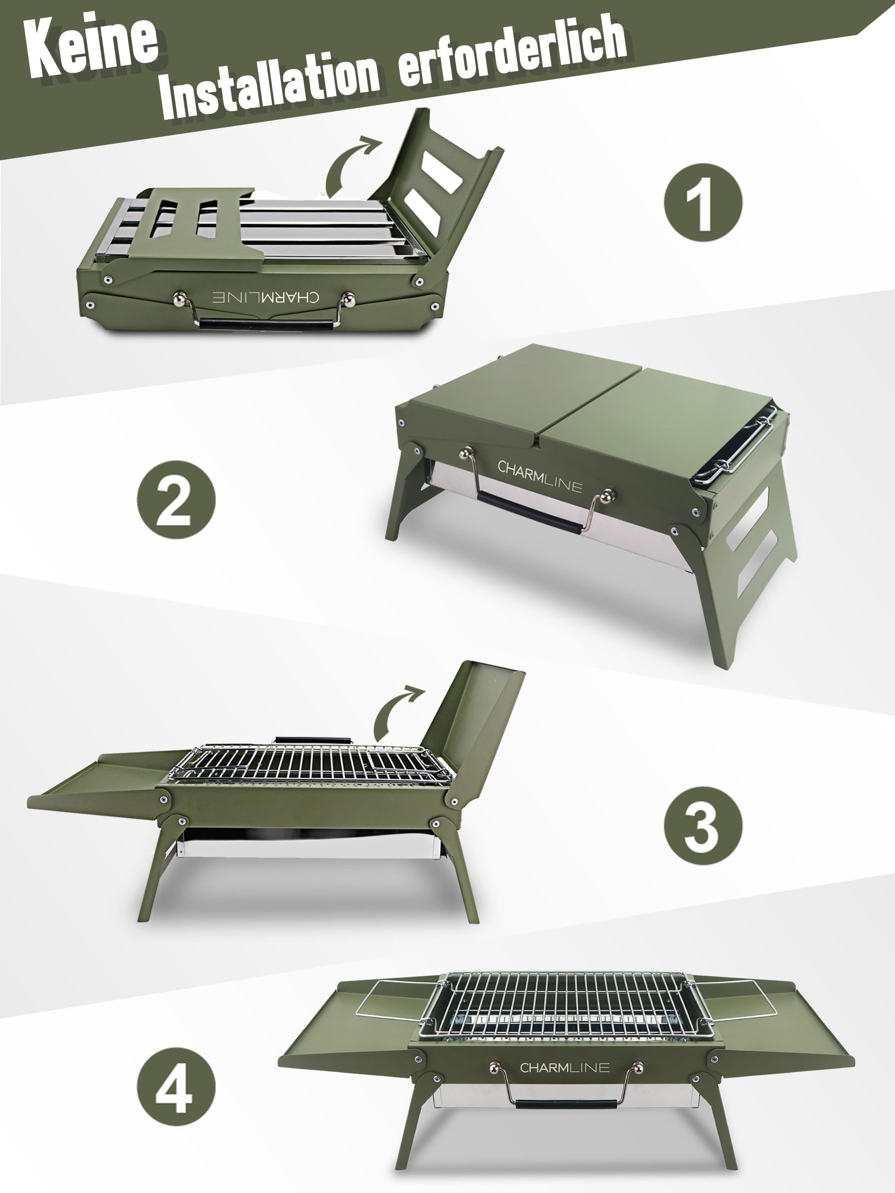 Tragbarer Holzkohlegrill, Klappbarer Campinggrill 35 x 23 cm für 1–3 Personen, Mini BBQ Grill für Balkon, Garten, Camping, Picknick und Strand