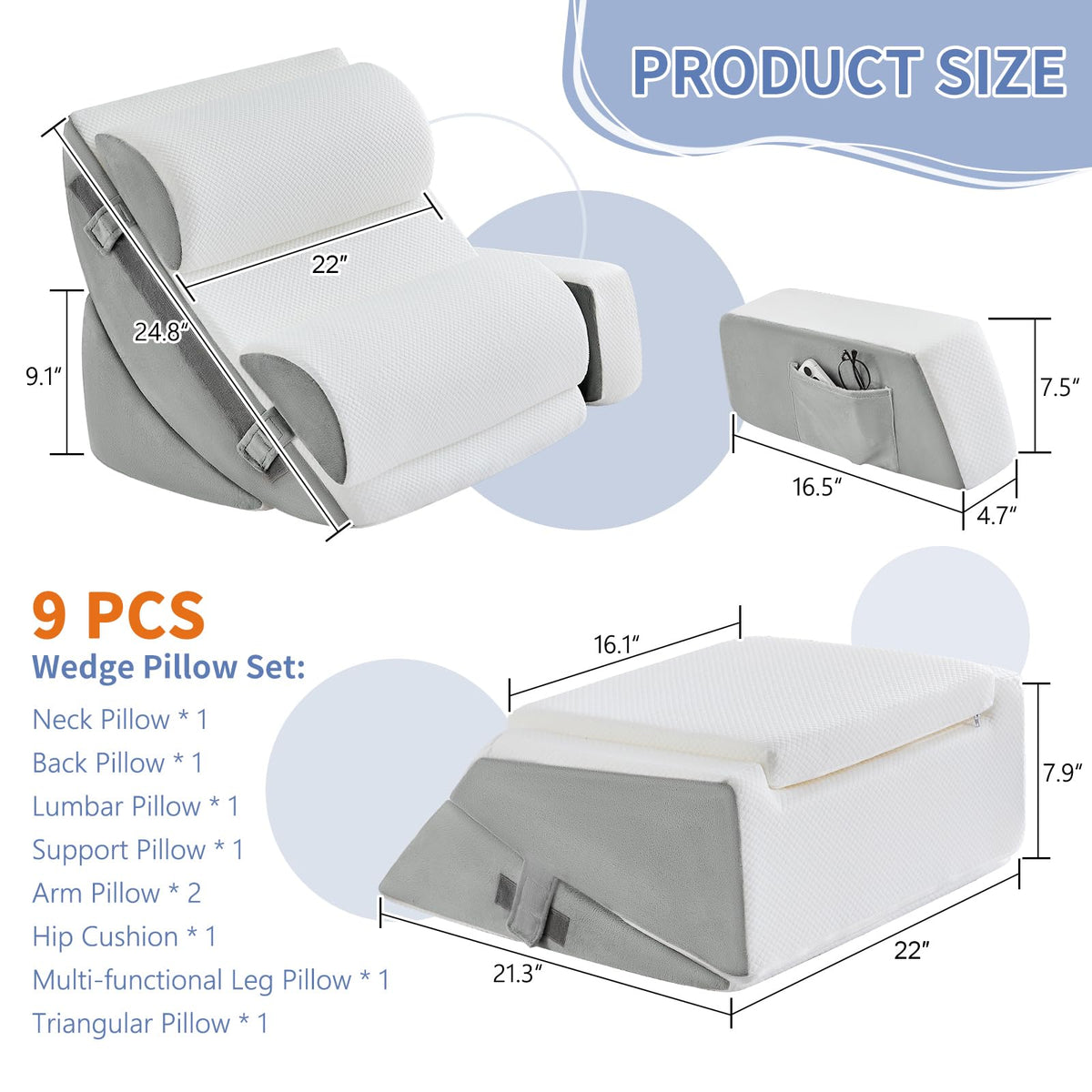9PCS Orthopädische Bett Keil Kissen Set,Post Chirurgie Schaum Kissen für Körper,Rücken und Beine Schmerzlinderung,Justierbare Stützkissen mit Säure Reflux Bed Wedge Memory Foam Marineblau