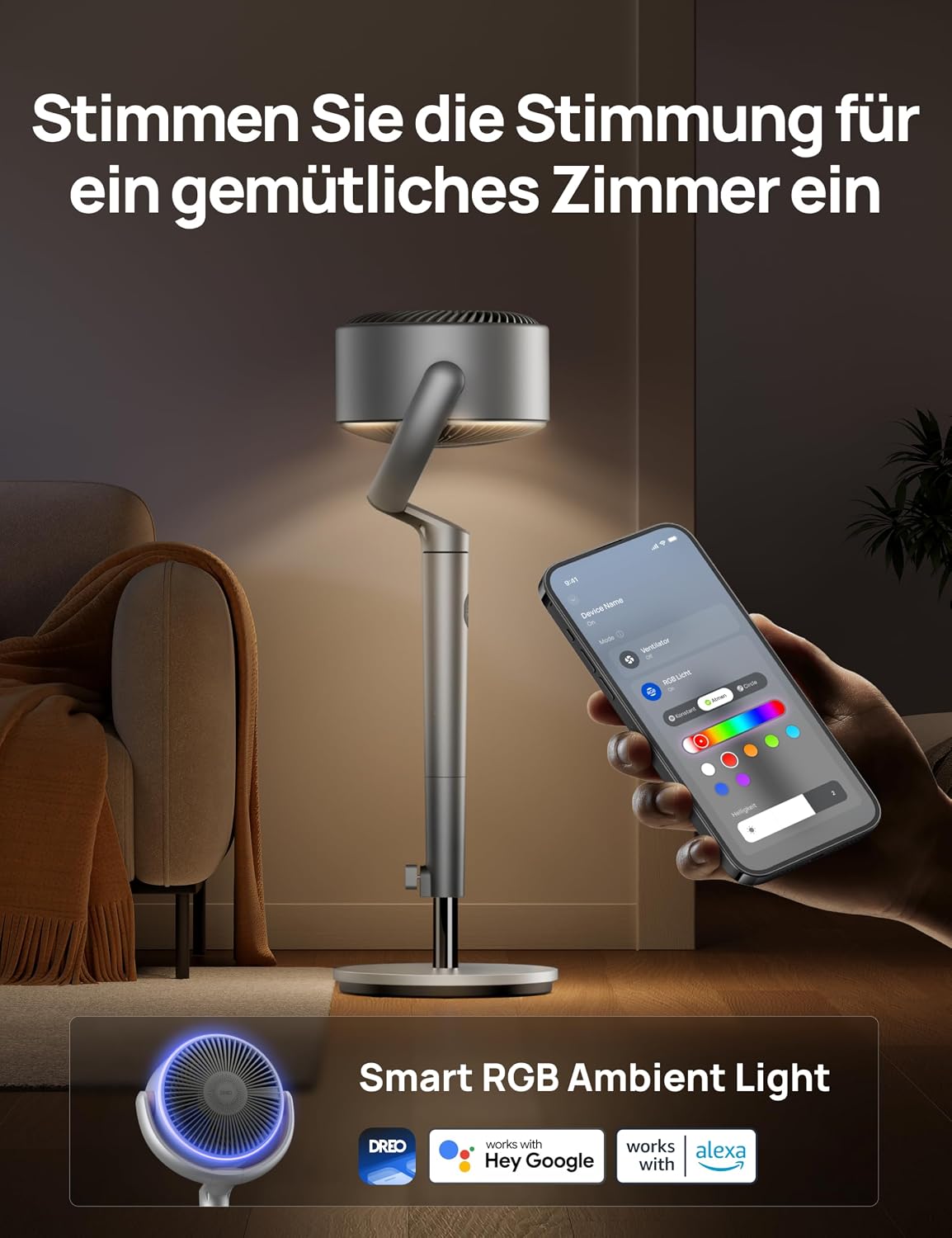 Starker Standventilator Smart mit RGB Light, 120° +120° Oszillierender Ventilator mit Fernbedienung, 20dB Leiser Bodenventilator / Turmventilator für Schlafzimmer, 8H Timer, Silber
