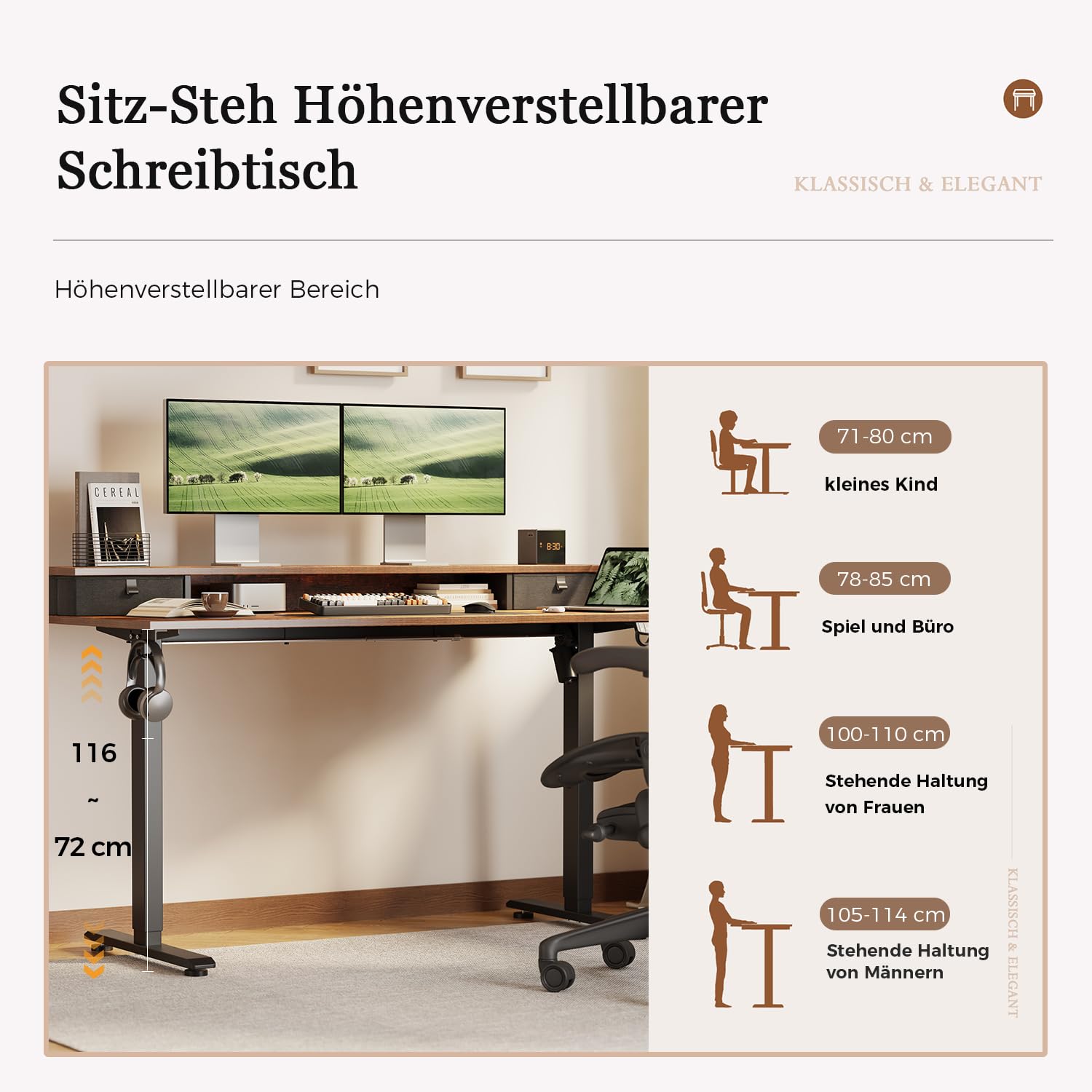 Höhenverstellbarer Schreibtisch mit Doppelschubladen, Elektrisch Höhenverstellbarer Schreibtisch, Sitz-Steh-Computertisch, Ergonomischer Stehschreibtisch