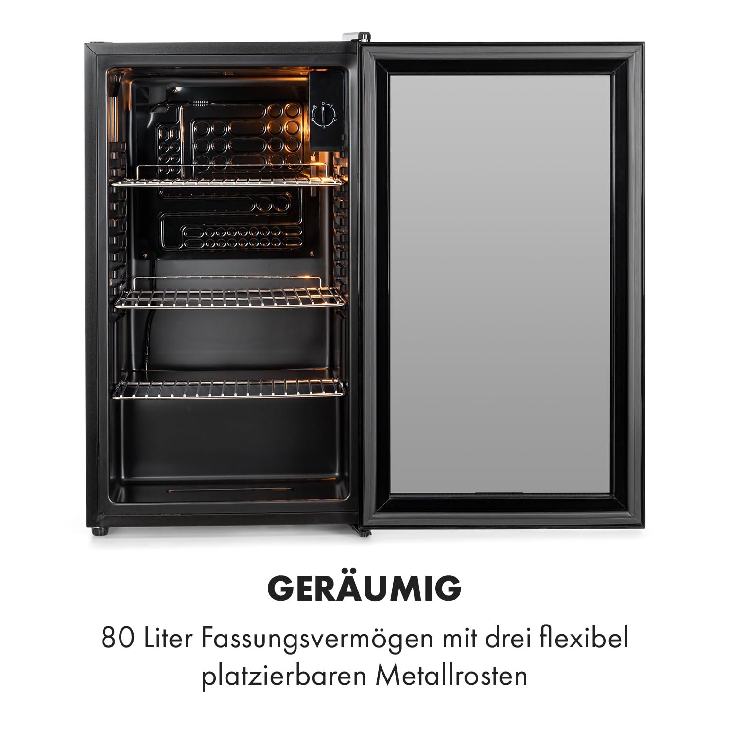 Beersafe Getränkekühlschrank 60 L – Mini Kühlschrank mit Glastür, Kupfer | LED-Beleuchtung, herausnehmbare Metallablagen, leise, Flaschenkühlschrank für Getränke & Dosen