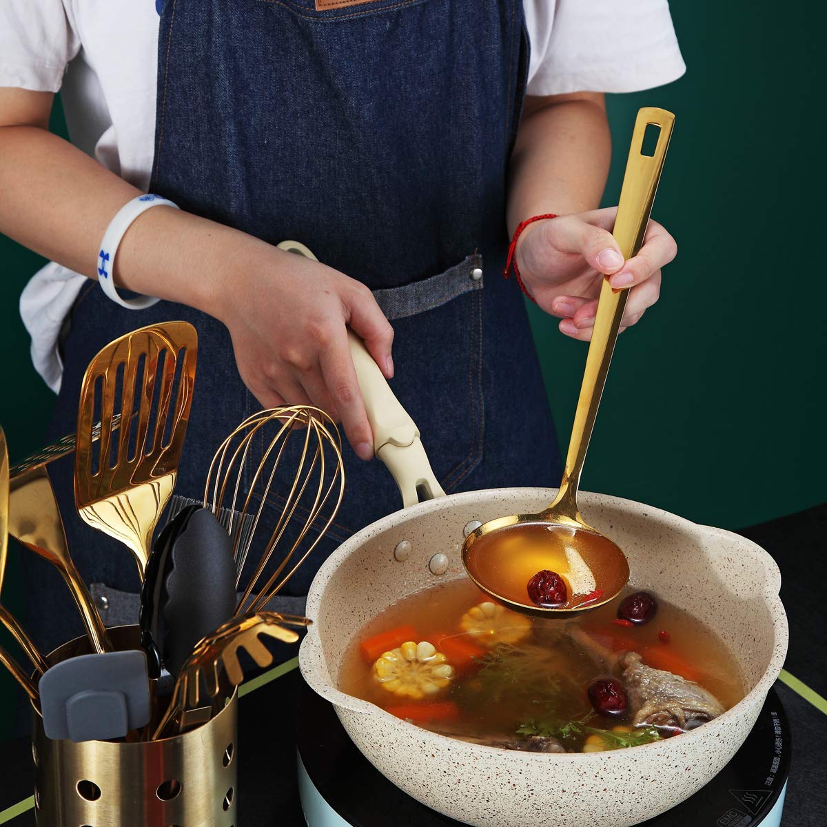 Goldfarbenes Kochutensilien Set, Edelstahl 13 Stück Küchenutensilien Set mit Titanbeschichtung, Küchenutensilien Set mit Utensilienhalter, Geschirrspüler-sicher, leicht zu reinigen