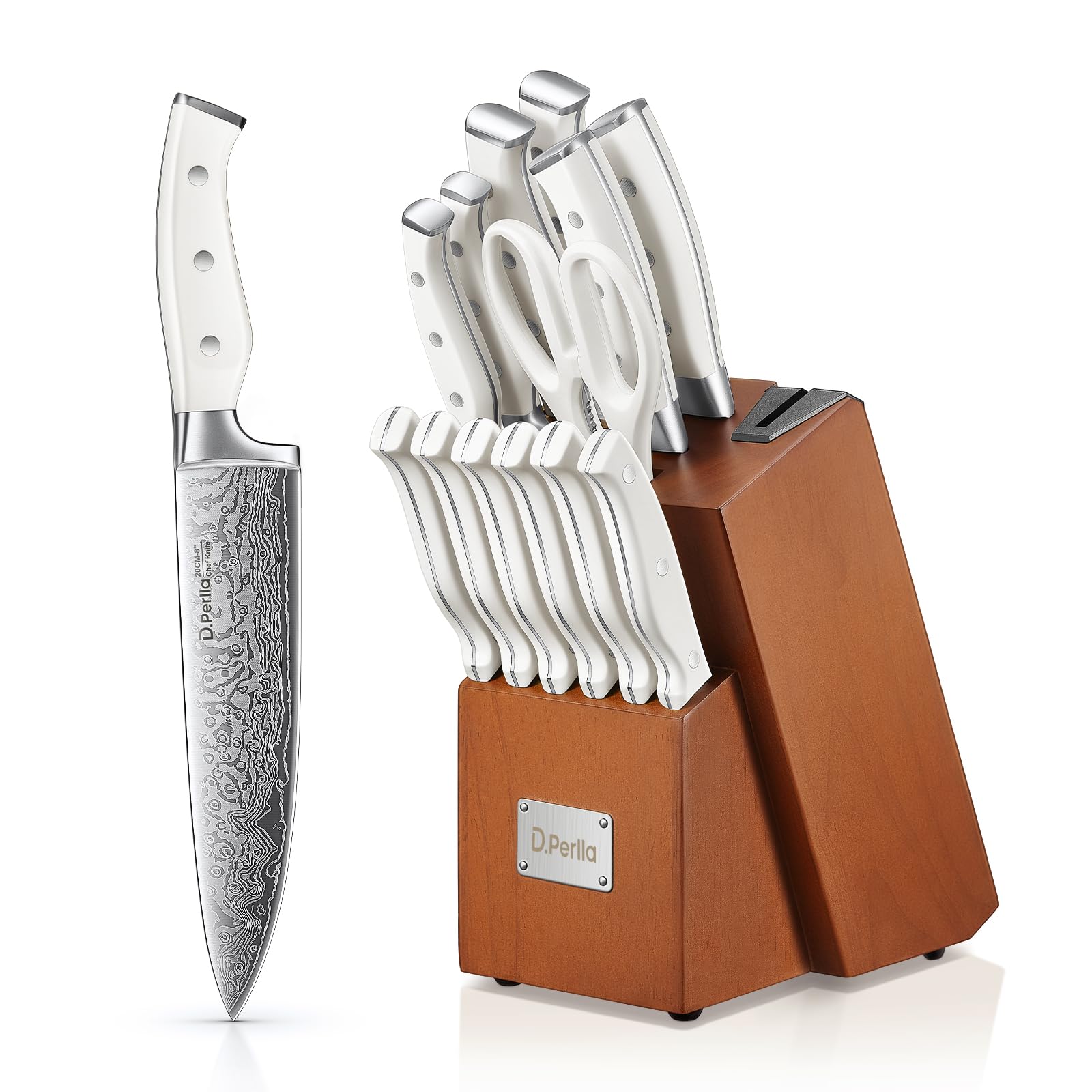 Messerblock Set, 14-teiliger selbstschärfender Messerblock mit Messer, scharfer Edelstahlmessersatz mit Kunststoffgriff und Holzblock, professionelles Küchenmesserset