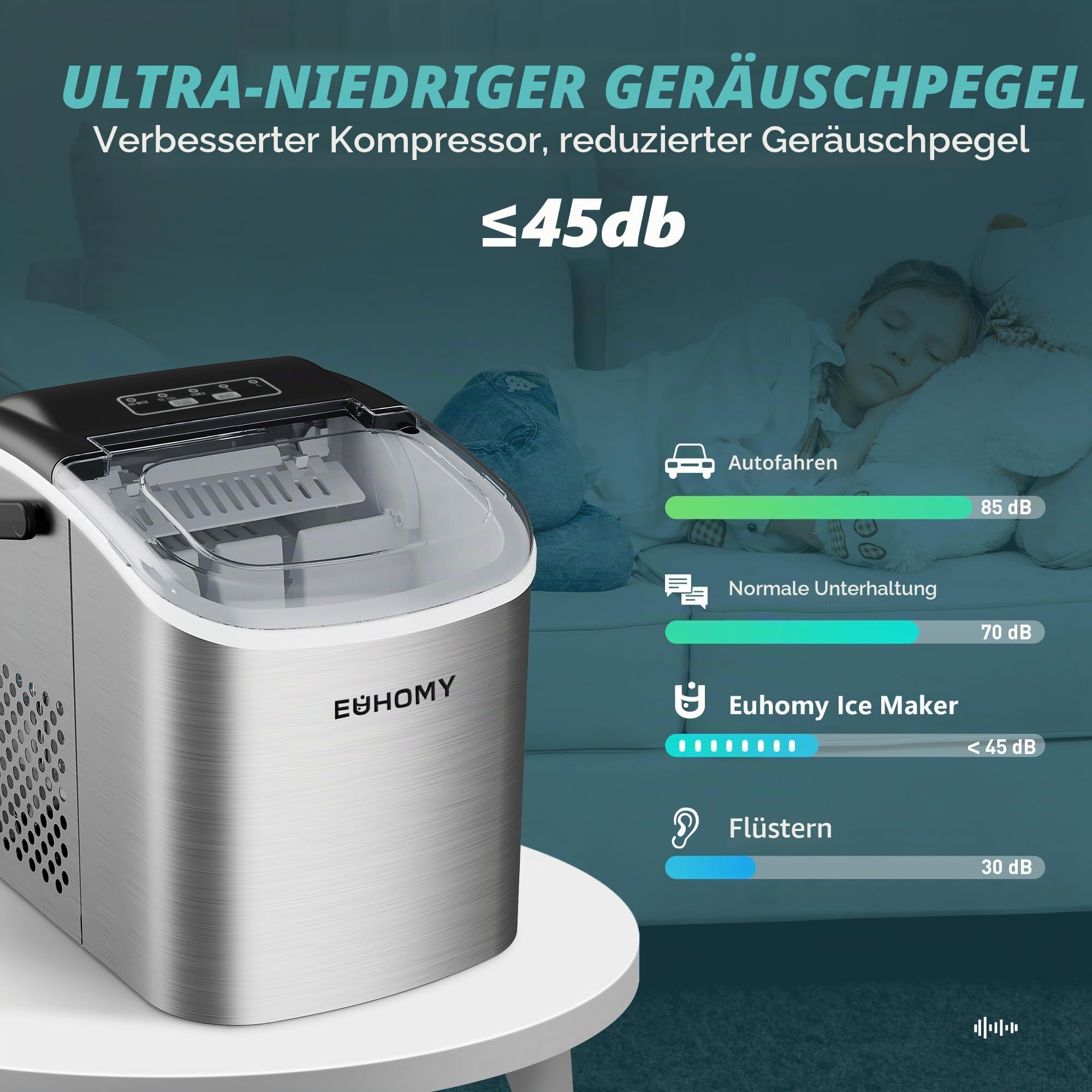 Eiswürfelmaschine Klein, 9 Eiswürfel in 6 Minuten, 12 kg/24H, Eiswürfelmaschine Edelstahl mit Tragbarem Griff, Selbstreinigender Kompakter Eiswürfelmaschinen für Zuhause/Küche/Büro/Bar