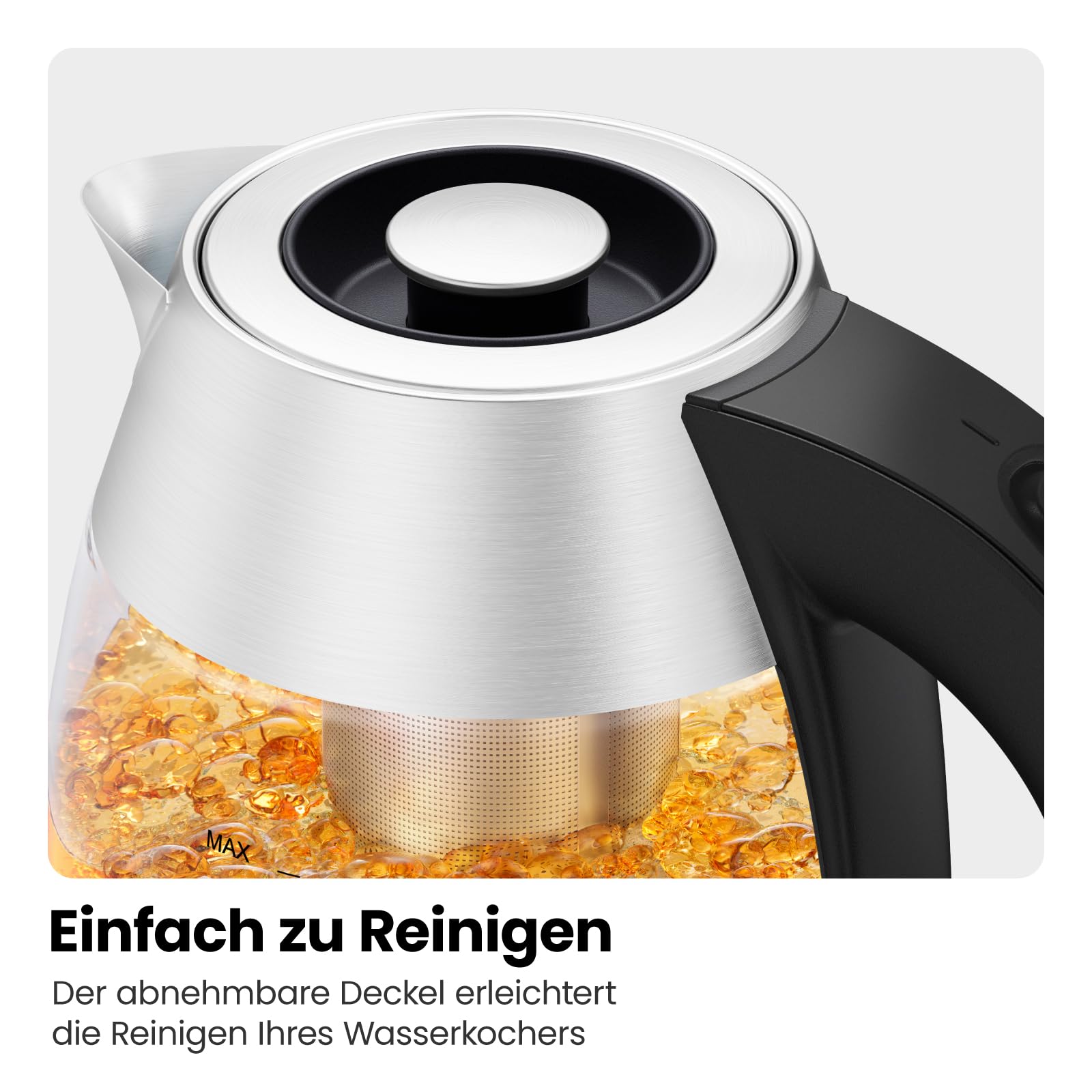 Elektrischer Wasserkocher Glas mit Teesieb, 1.8 Liter, LED-Anzeige / BPA-Frei, 2200 Watt, Edelstahl