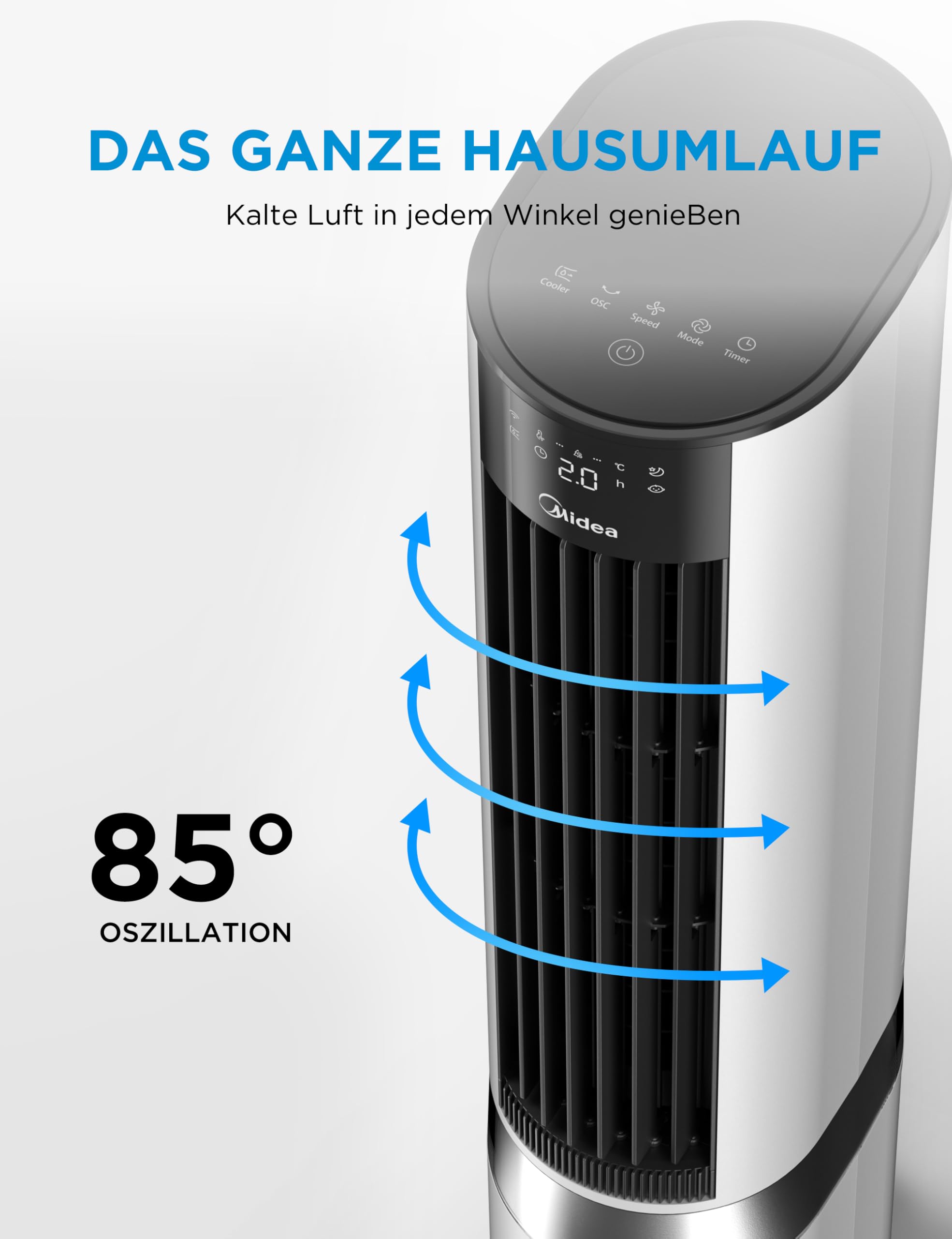 4-in-1 Mobile Klimaanlage Leiser:Luftkühler,Turmgebläse,Luftbefeuchter und Luftreiniger,mit Fernbedienung,5L Wassertank,355m³/h Luftdurchsatz,55W,LED-Display,Timer,Weiß