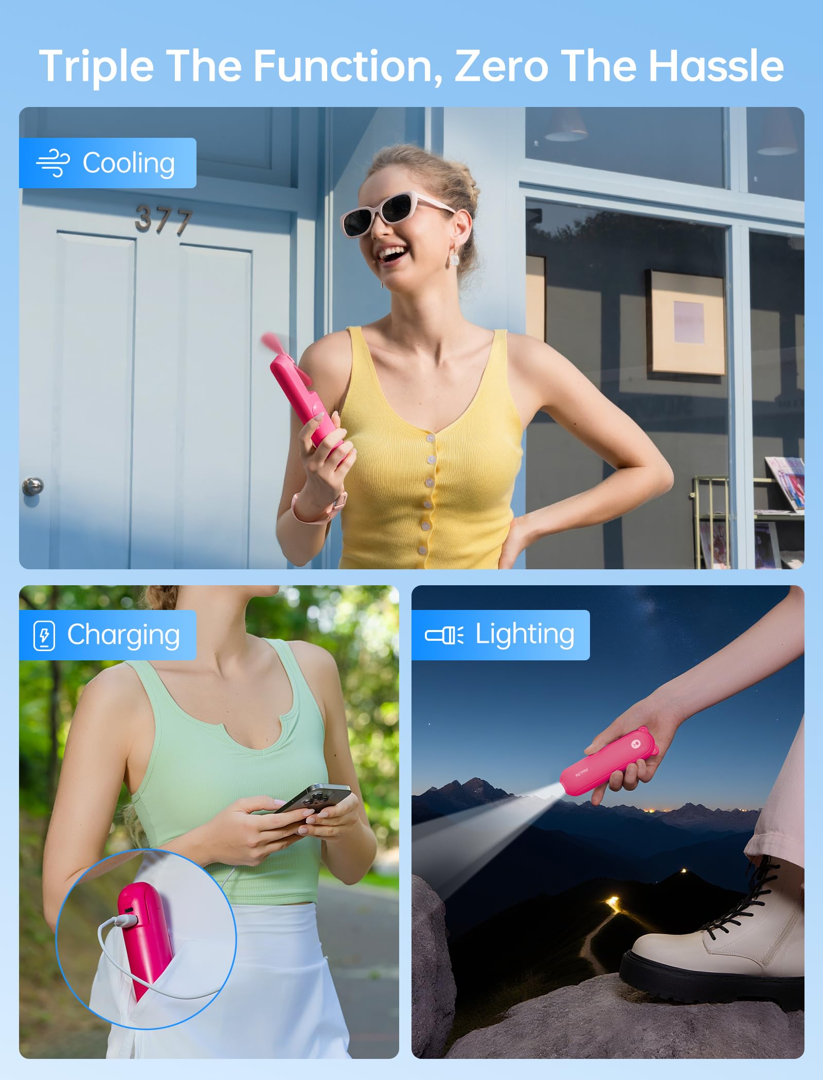 Mini Handventilator, 3-in-1 Handventilator, wiederaufladbarer USB /12–19 Betriebsstunden - mit Powerbank, Taschenlampe, tragbarer Ventilator für Reisen/Sommer, Geschenke für Frauen-Rosa