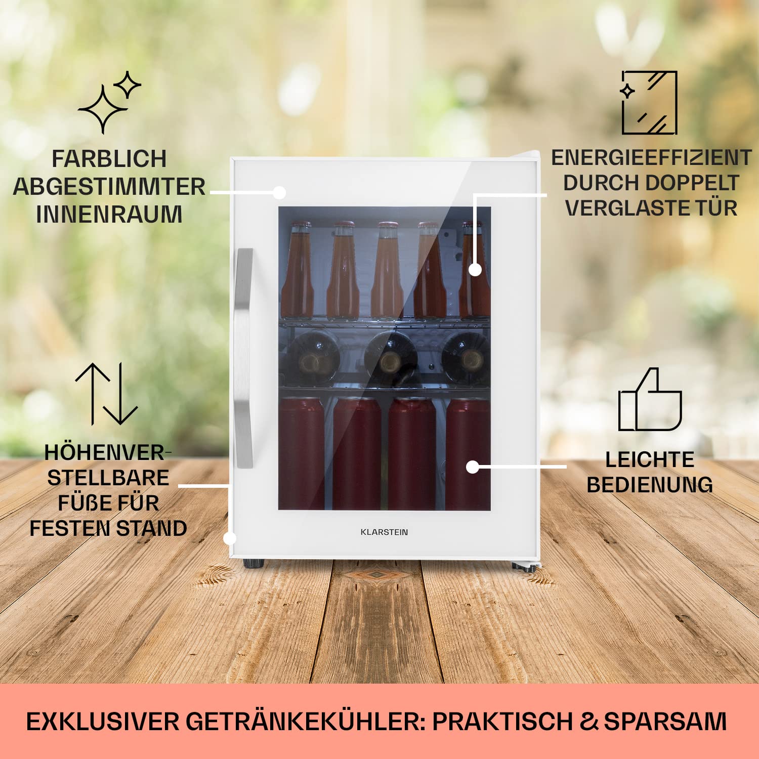Getränkekühlschrank 33 L – Mini Kühlschrank mit Glastür, Silber-Schwarz | LED-Beleuchtung, herausnehmbare Metallablagen, leise, Flaschenkühlschrank für Getränke & Dosen