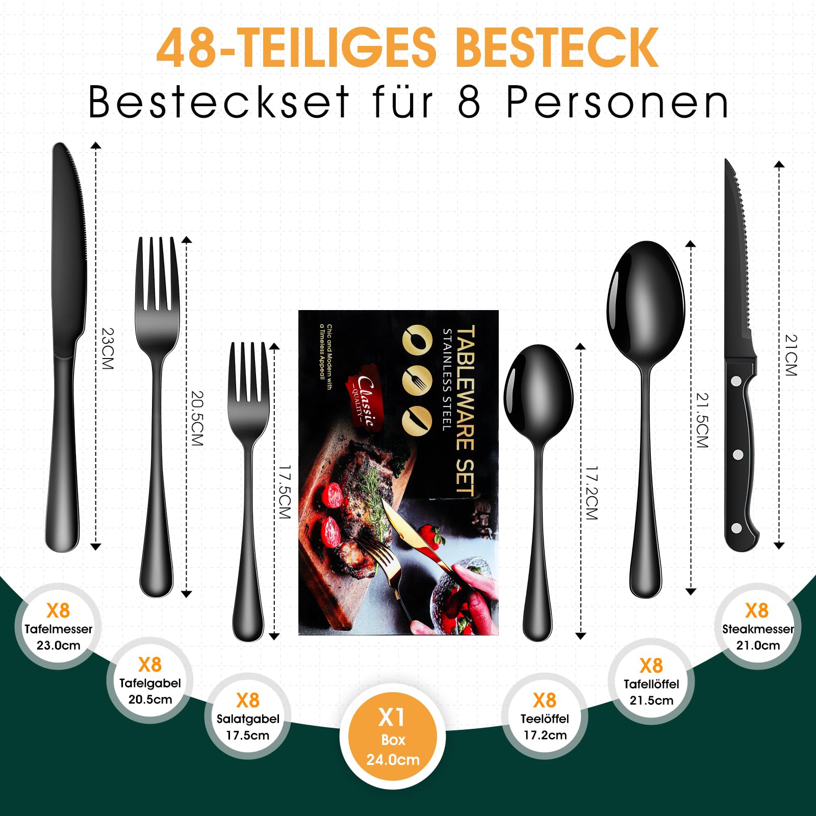 Besteck Set Schwarz für 8 Personen, 48-teiliges Edelstahlbesteckset mit Steakmesser, elegantes Besteck mit Messer, Gabel, Löffel, Besteck für Küche/Restaurant