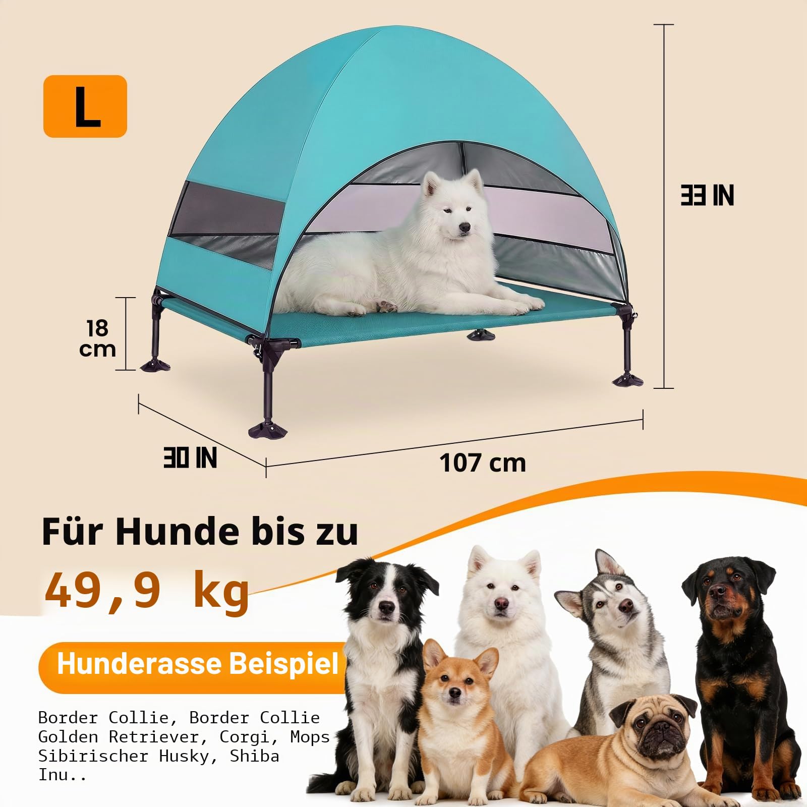 Erhöhtes Hundebett Outdoor mit UV-beständiges Dach,Hundeliege Klappbar mit Anti-Rutsch-Füßen, Hundezelt Outdoor mit Großem Schatten, Kühlendes ErhöHtes Hunde Bett für Camping, Garten & Pool (Grau, L)