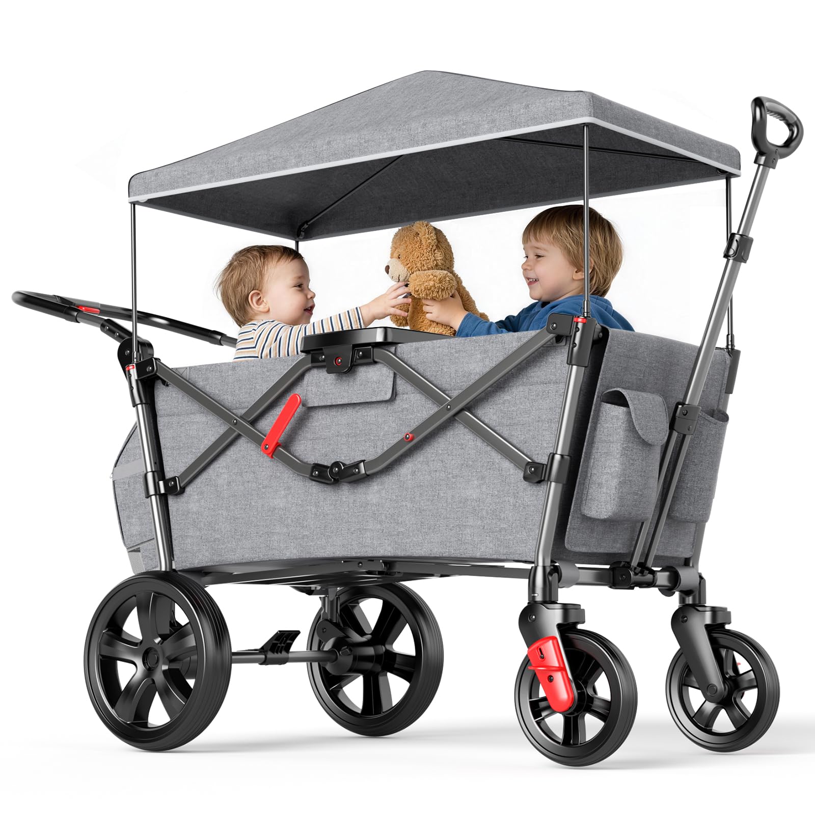 Bollerwagen für 2 Kinder Faltbar mit Dach, Kinderwagen 2x5 Punkt Sicherheitsgurt mit Wickelrucksack, Bollerwagen mit Sitz, Handwagen Transportwagen, Ziehen & Schieben, Fußbremse